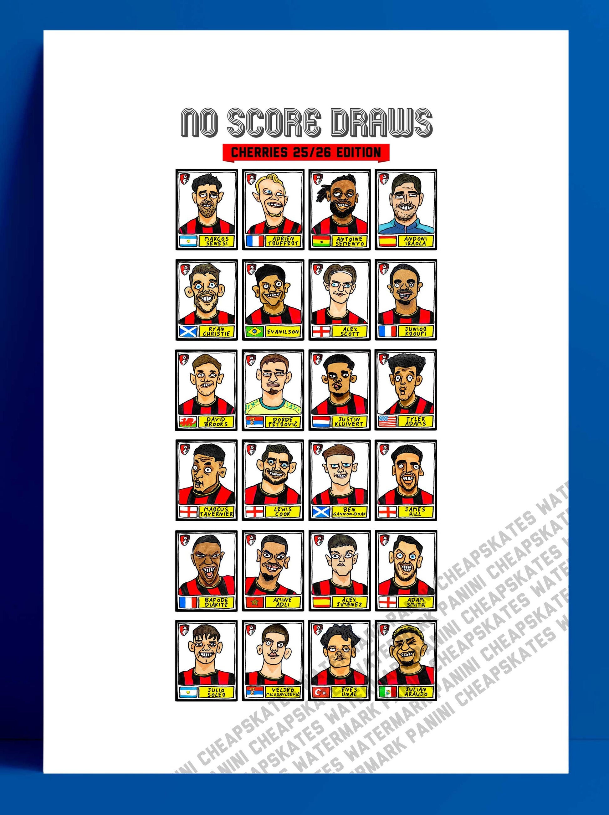 Bournemouth Volume 2 - No Score Draws Cherries 24-25 Edition - A3 print of 24 Wonky Panini-style football doodles of Iraola's AFCB Side