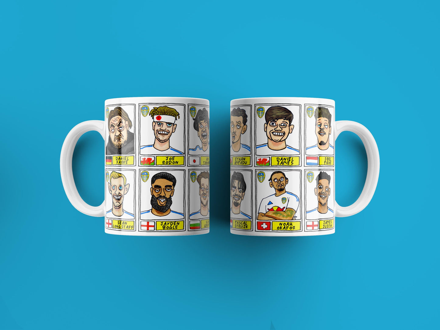Leeds United Vol 4 No Score Draws Mug Set - Set of TWO 11oz Ceramic Mugs with Wonky Panini-Doodles Of LUFC's 24/25 Promotion Winning Squad
