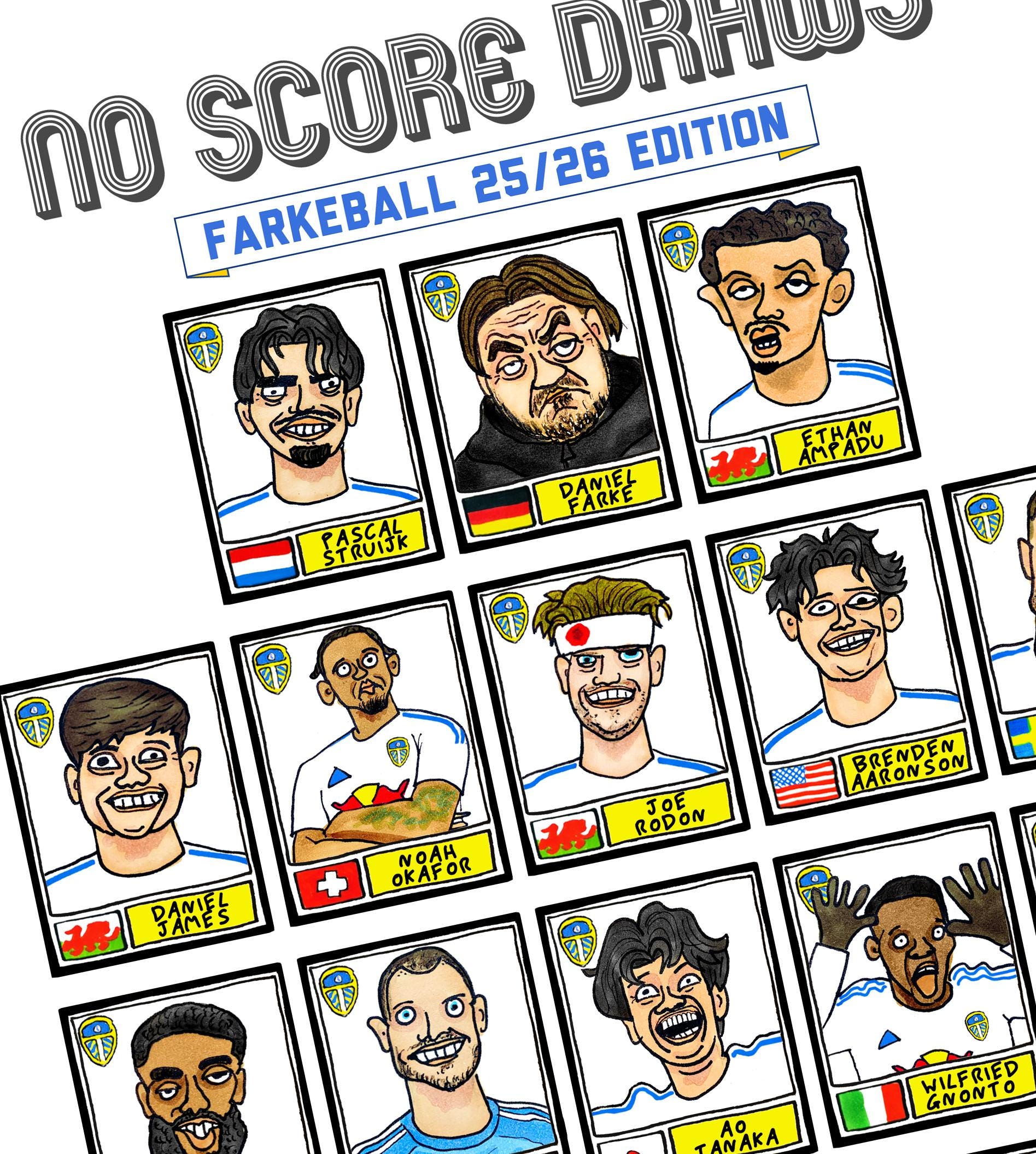 Leeds Utd 25/26 - No Score Draws Farkeball 25/26 Edition - A3 print of 26 Wonky Hand-Drawn Panini-doodles Of Daniel Farke's LUFC PL Squad