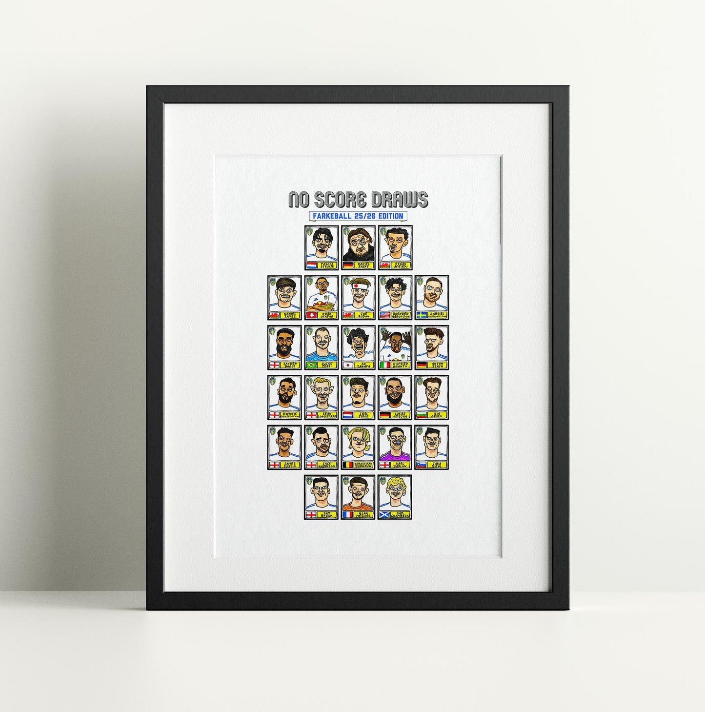 Leeds Utd Volume 4 - No Score Draws Farkeball 24/25 Edition - A3 print of 24 hand-drawn Panini-doodles Of Farke's LUFC Promotion-Winners