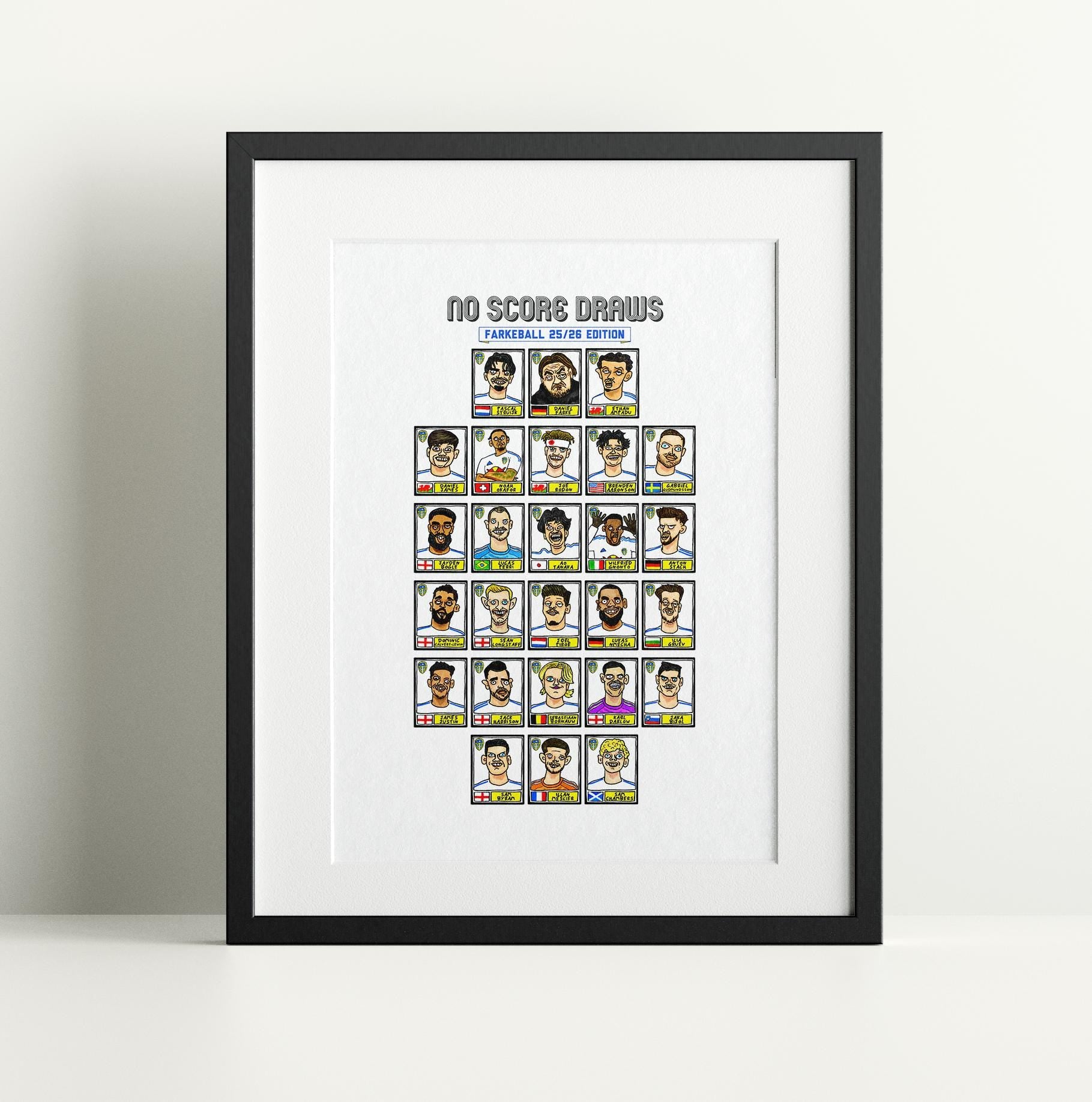 Leeds Utd 25/26 - No Score Draws Farkeball 25/26 Edition - A3 print of 26 Wonky Hand-Drawn Panini-doodles Of Daniel Farke's LUFC PL Squad