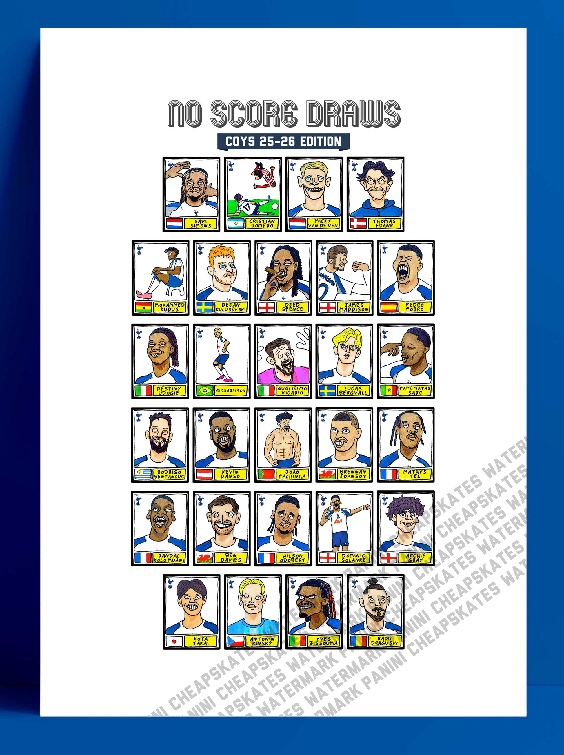 Spurs 25/26 - No Score Draws COYS 25/26 Edition - A3 print of 28 Wonky Panini-style Football Doodles of Tottenham Hotspur's 25/26 Squad