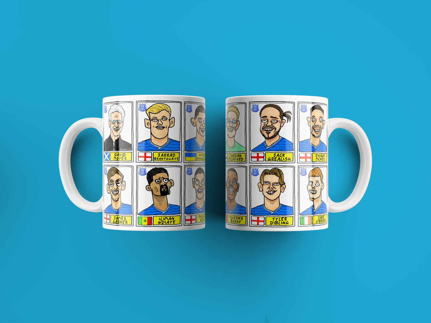 Everton Vol 2 No Score Draws Mug Set - Set of TWO DIFFERENT 11oz Mugs with Wonky Panini-Doodles of David Moyes' 24/25 Toffees Everton Squad