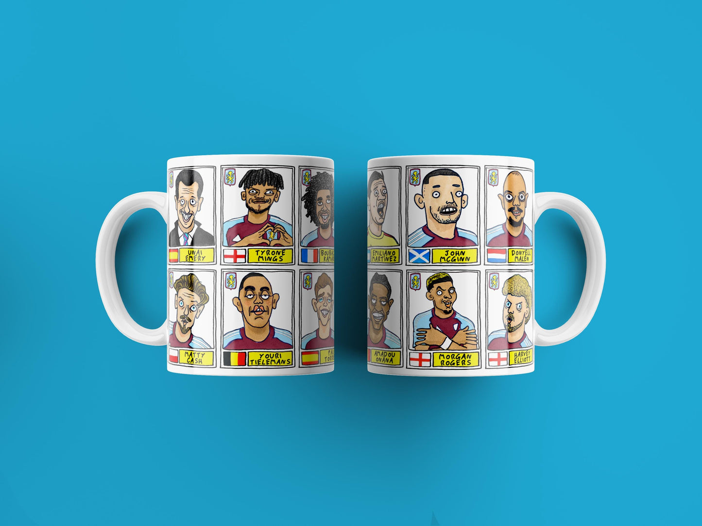 Aston Villa Emery 25/26 No Score Draws Mug Set - Set of TWO DIFFERENT 11oz Ceramic Mugs with Wonky Panini-style AVFC Doodles Of Emery & Co
