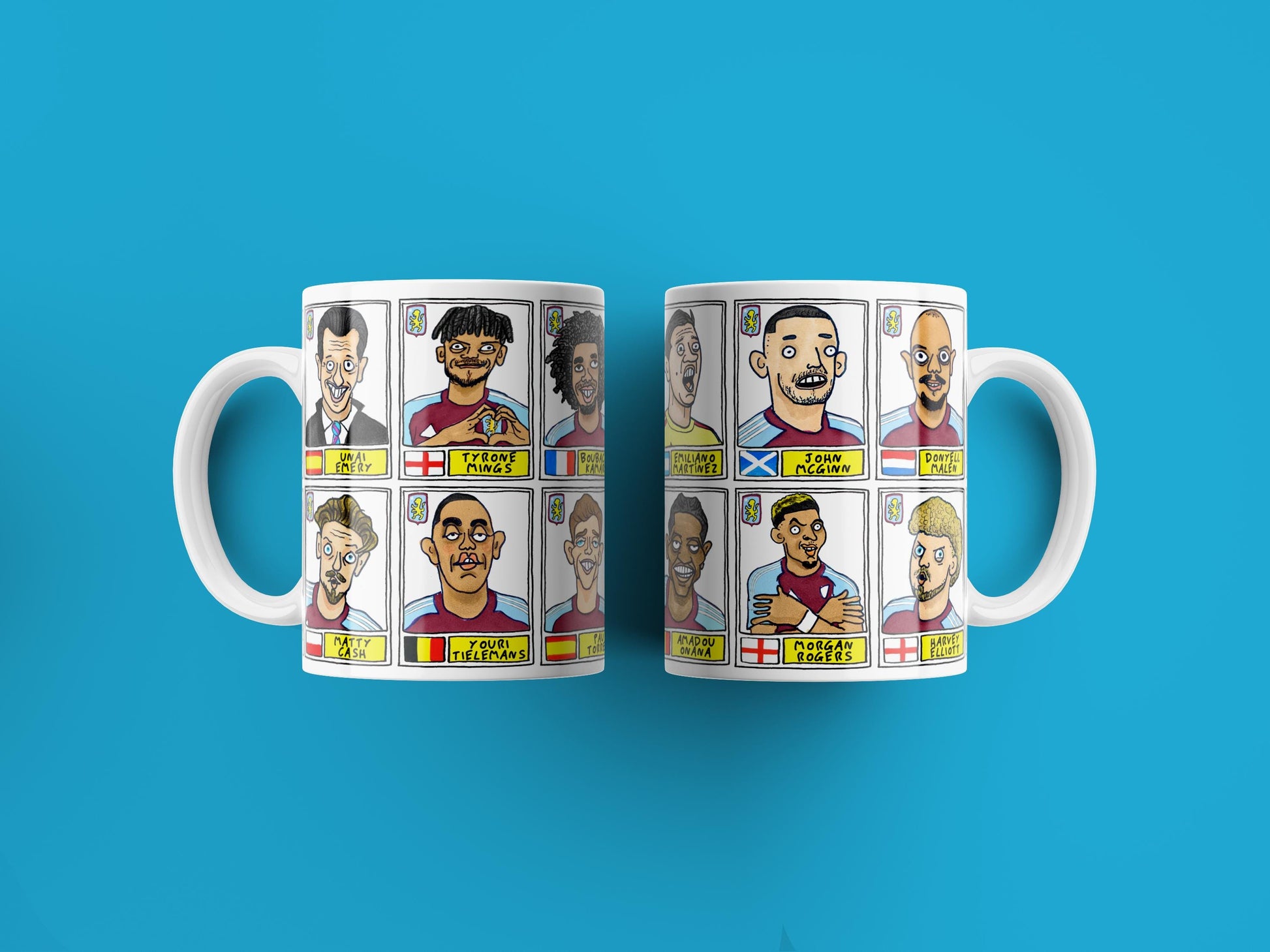 Aston Villa Emery 25/26 No Score Draws Mug Set - Set of TWO DIFFERENT 11oz Ceramic Mugs with Wonky Panini-style AVFC Doodles Of Emery & Co