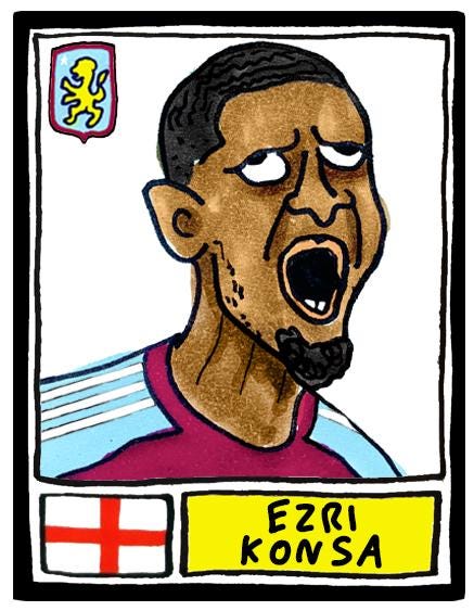 Aston Villa 25/26 - No Score Draws Emery 25/26Edition - A3 print of 24 Wonky Panini-style football doodles of Unai Emery's 25/26 AVFC Side