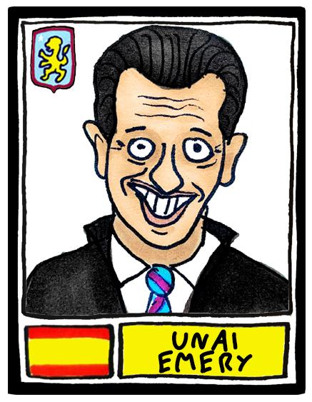 Aston Villa 25/26 - No Score Draws Emery 25/26Edition - A3 print of 24 Wonky Panini-style football doodles of Unai Emery's 25/26 AVFC Side