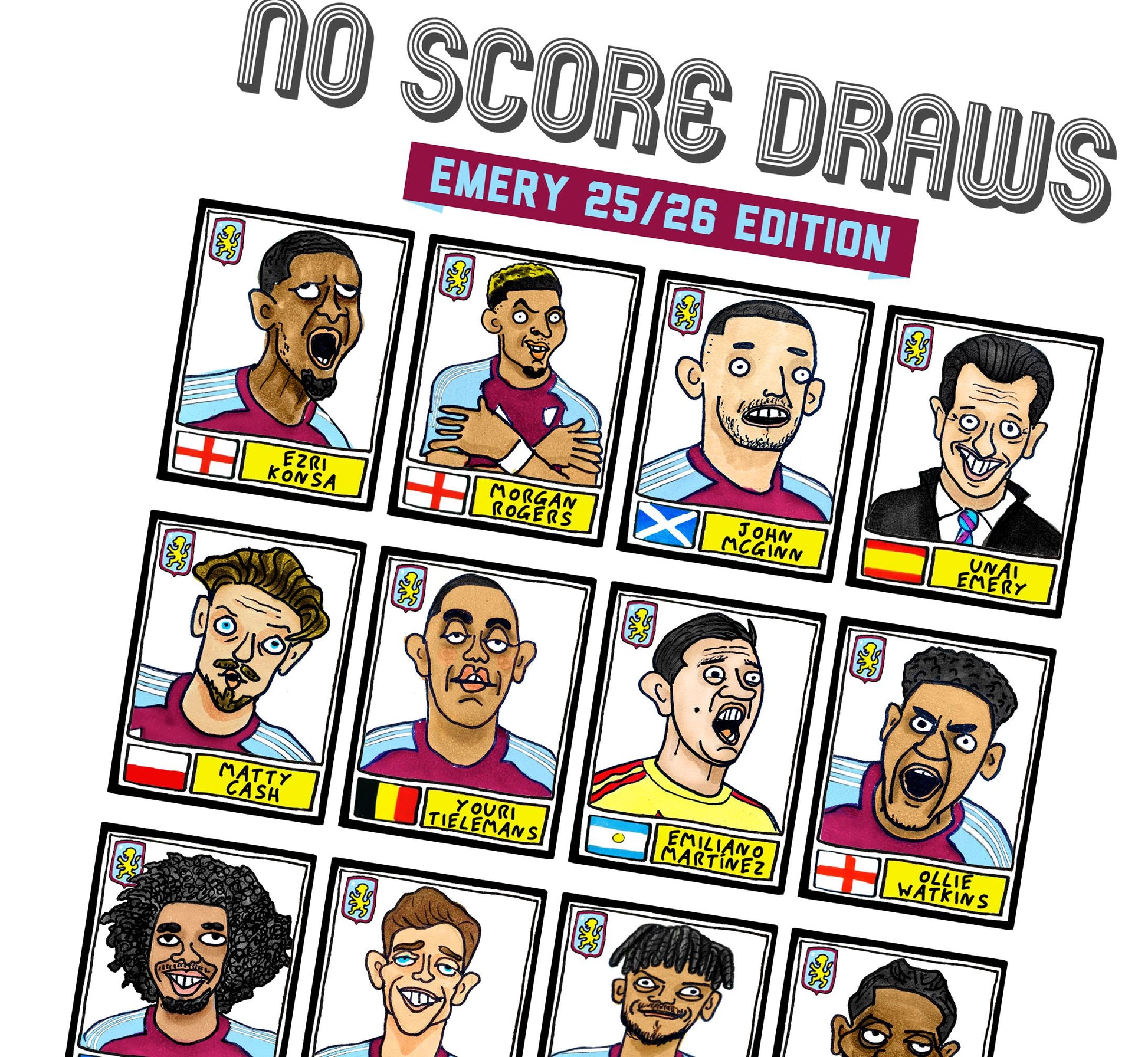 Aston Villa 25/26 - No Score Draws Emery 25/26Edition - A3 print of 24 Wonky Panini-style football doodles of Unai Emery's 25/26 AVFC Side