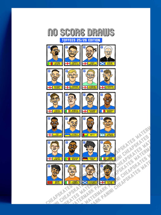 Everton Vol 2 - No Score Draws Toffees 24/25 Edition - A3 print of 26 Wonky Panini-Style No Score Draws Doodles Of David Moyes's EFC Squad