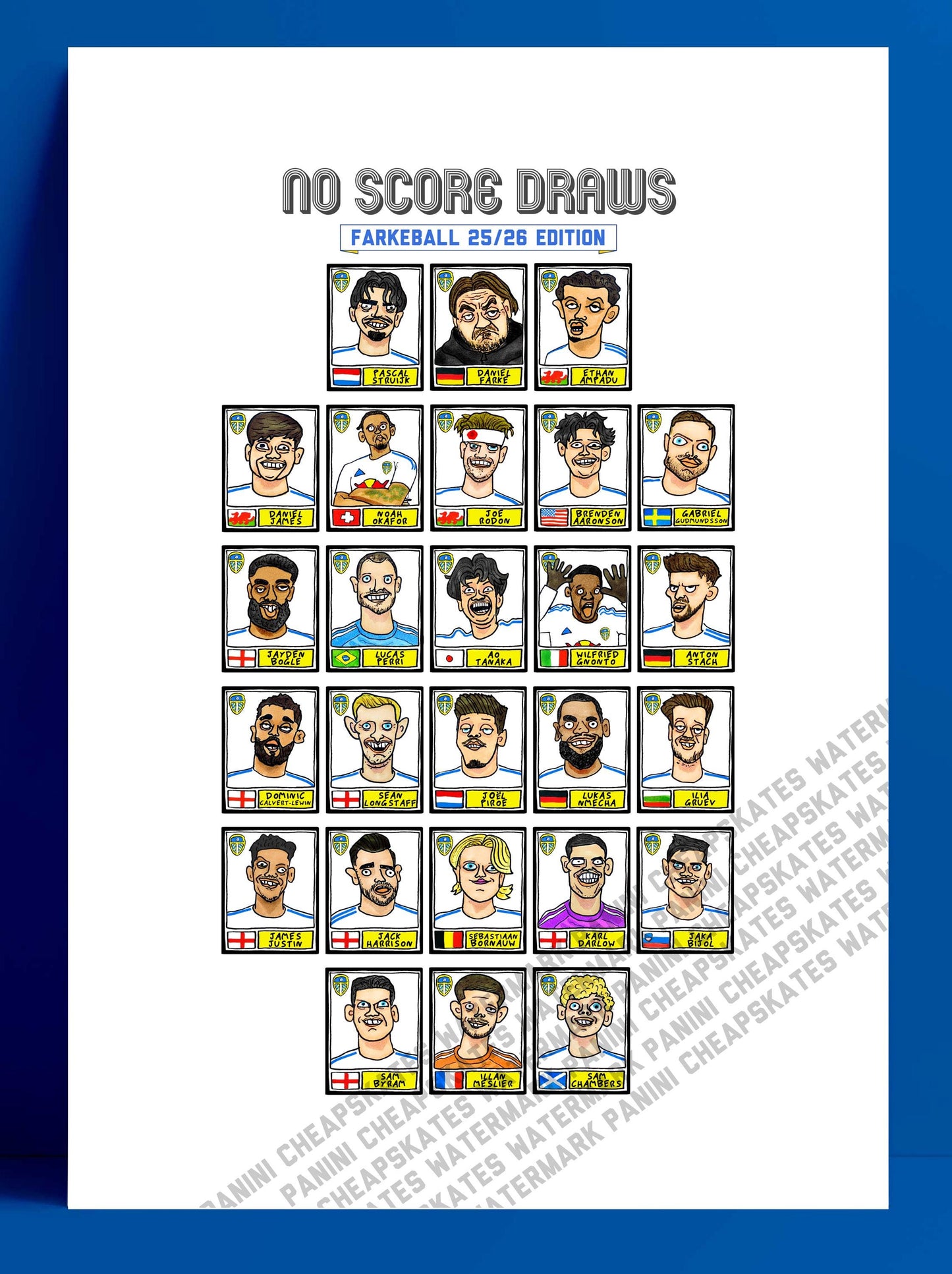 Leeds Utd 25/26 - No Score Draws Farkeball 25/26 Edition - A3 print of 26 Wonky Hand-Drawn Panini-doodles Of Daniel Farke's LUFC PL Squad