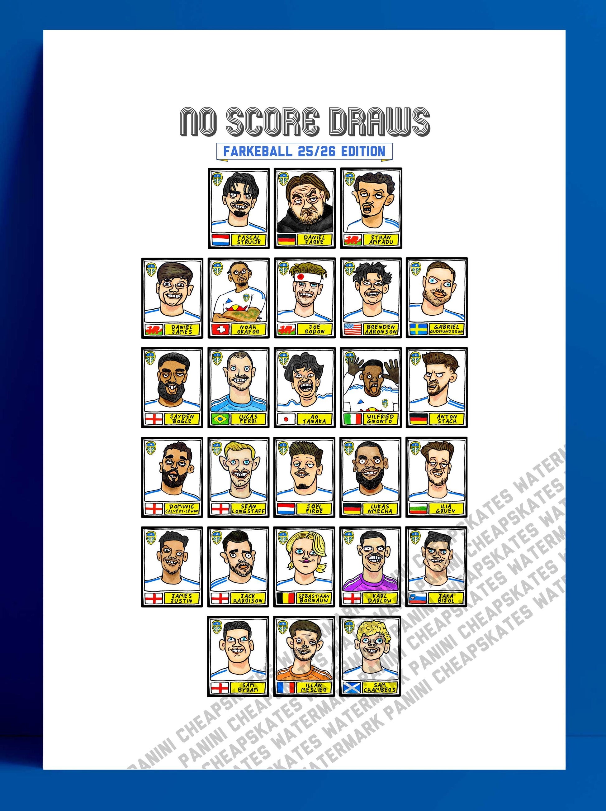 Leeds Utd 25/26 - No Score Draws Farkeball 25/26 Edition - A3 print of 26 Wonky Hand-Drawn Panini-doodles Of Daniel Farke's LUFC PL Squad