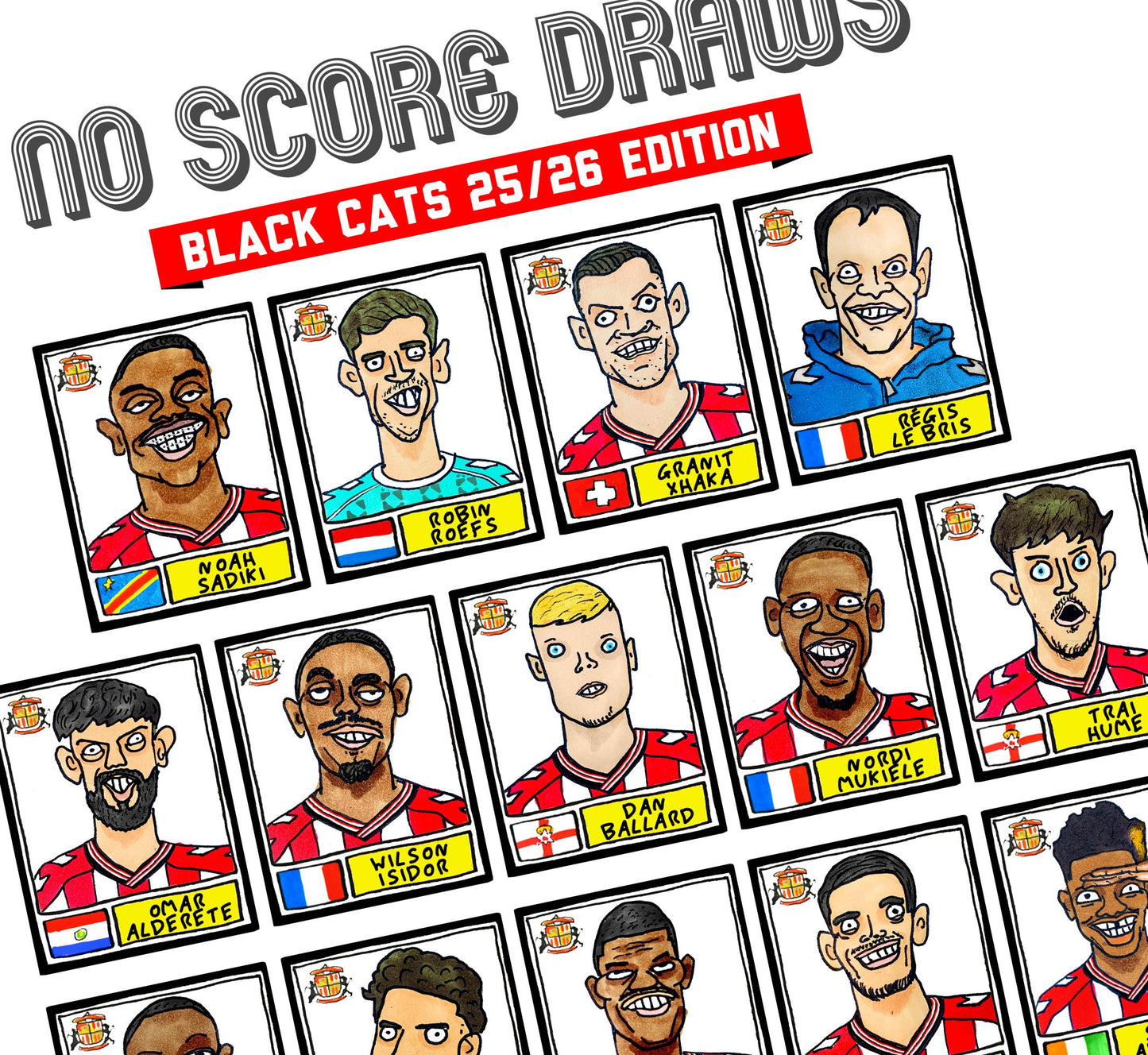 Sunderland Volume 5 - Black Cats 25/26 Edition - A3 print of 24 Wonky No Score Draws Doodles Of SAFC's 25/26 Premier League Squad