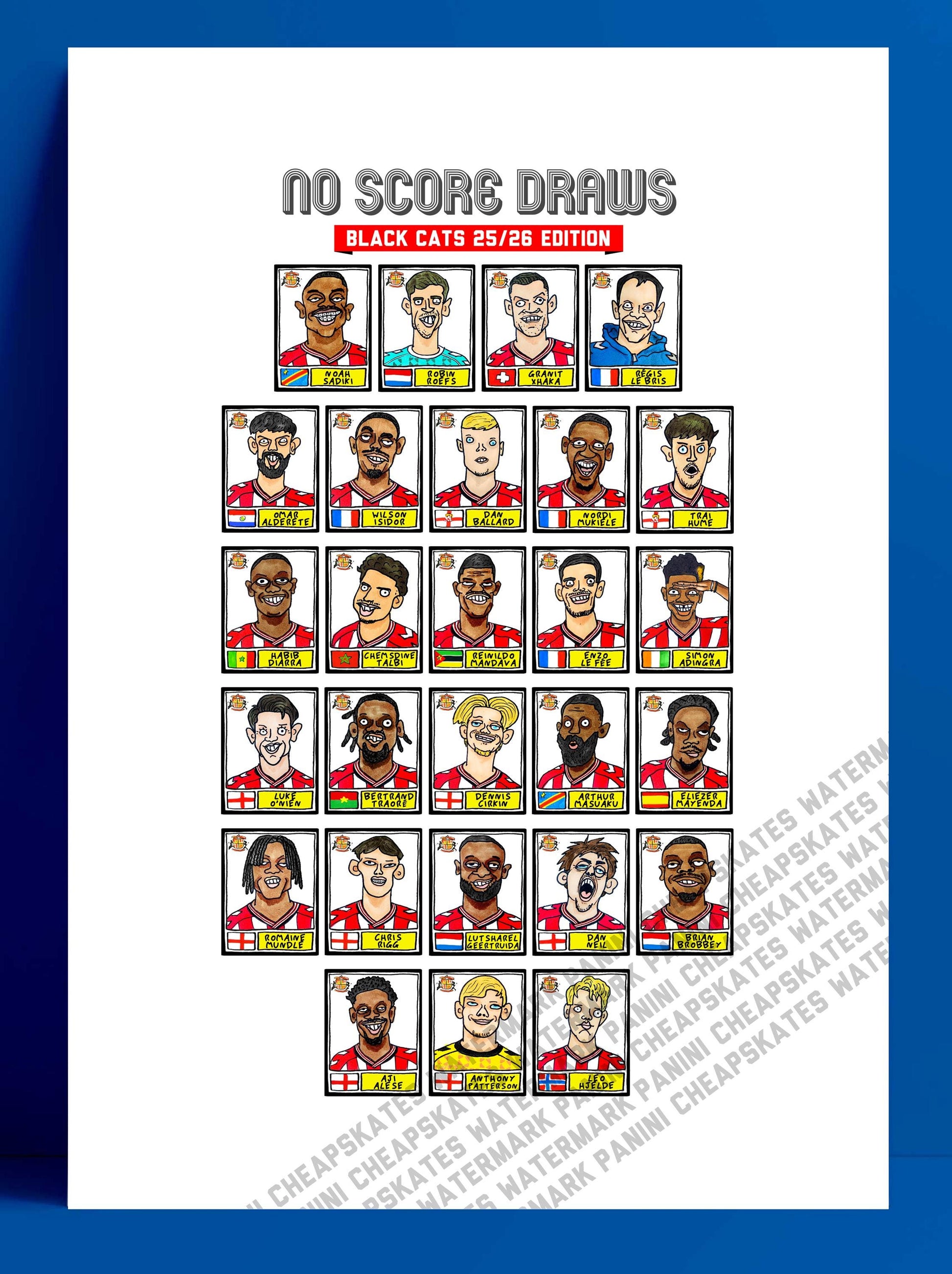 Sunderland Volume 5 - Black Cats 25/26 Edition - A3 print of 24 Wonky No Score Draws Doodles Of SAFC's 25/26 Premier League Squad