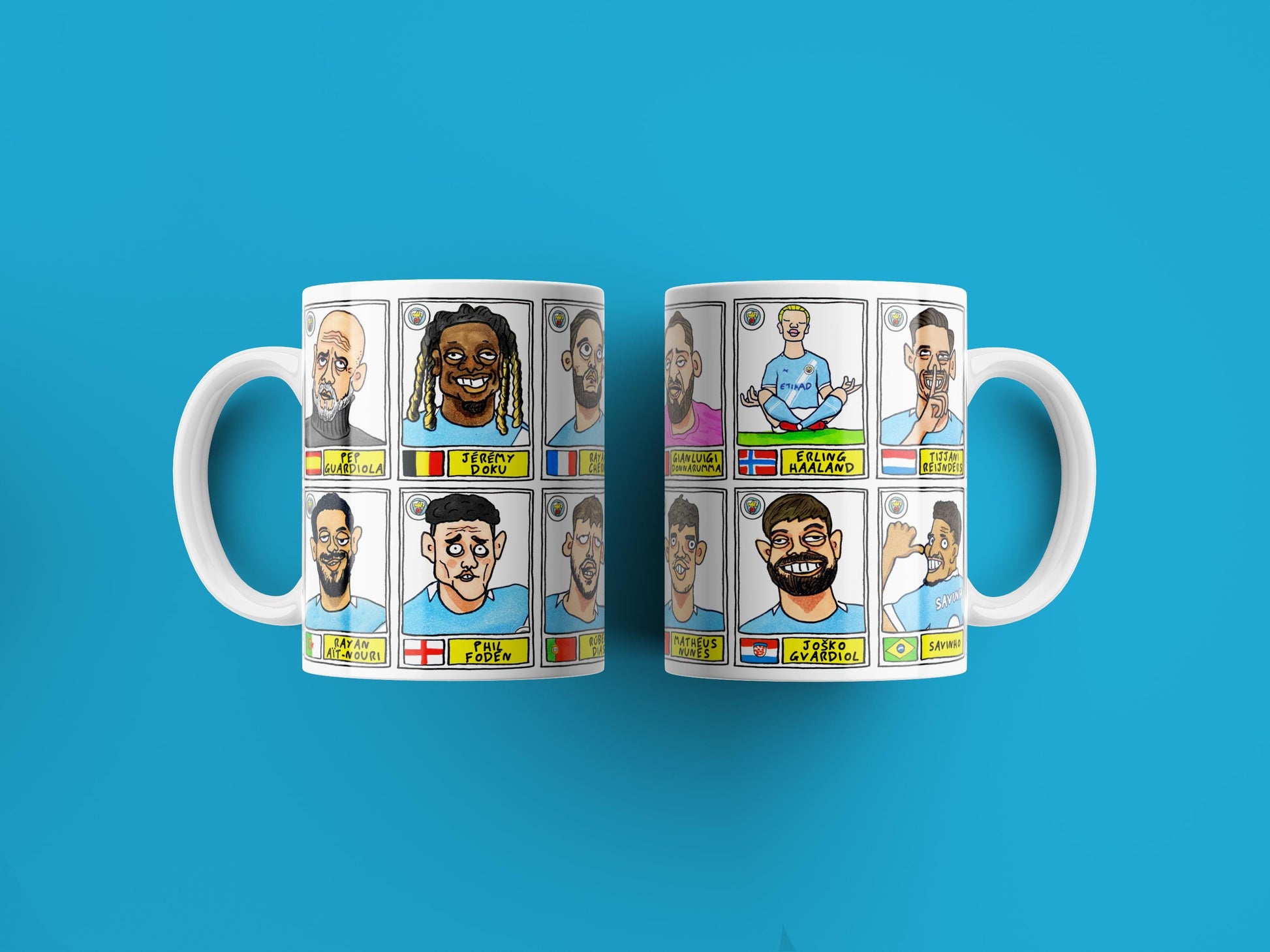 Man City 25/26 - No Score Draws Mug Set - Set of TWO DIFFERENT 11oz Ceramic Mugs with 24 Wonky MCFC Doodles Of Manchester City's 25/26 Squad