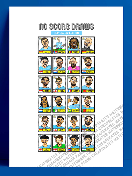 Man City 25/26 - No Score Draws Pep 25/26 Edition - A3 Print Of 24 Wonky No Score Draws Panini-style Doodles Of Guardiola's Manchester City