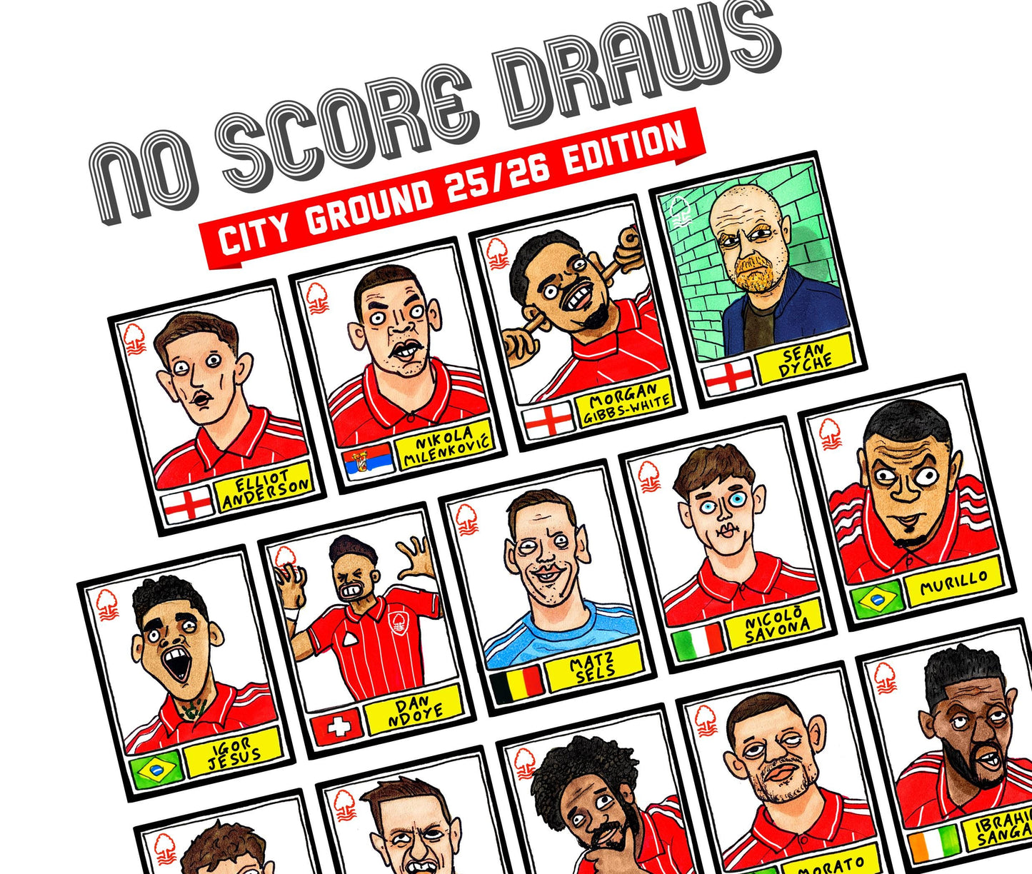Nottingham Forest Vol 6 - No Score Draw City Ground 25/26 Edition - A3 print of 27 Wonky Hand-Drawn Panini-doodles of NFFC's 25/26 Squad