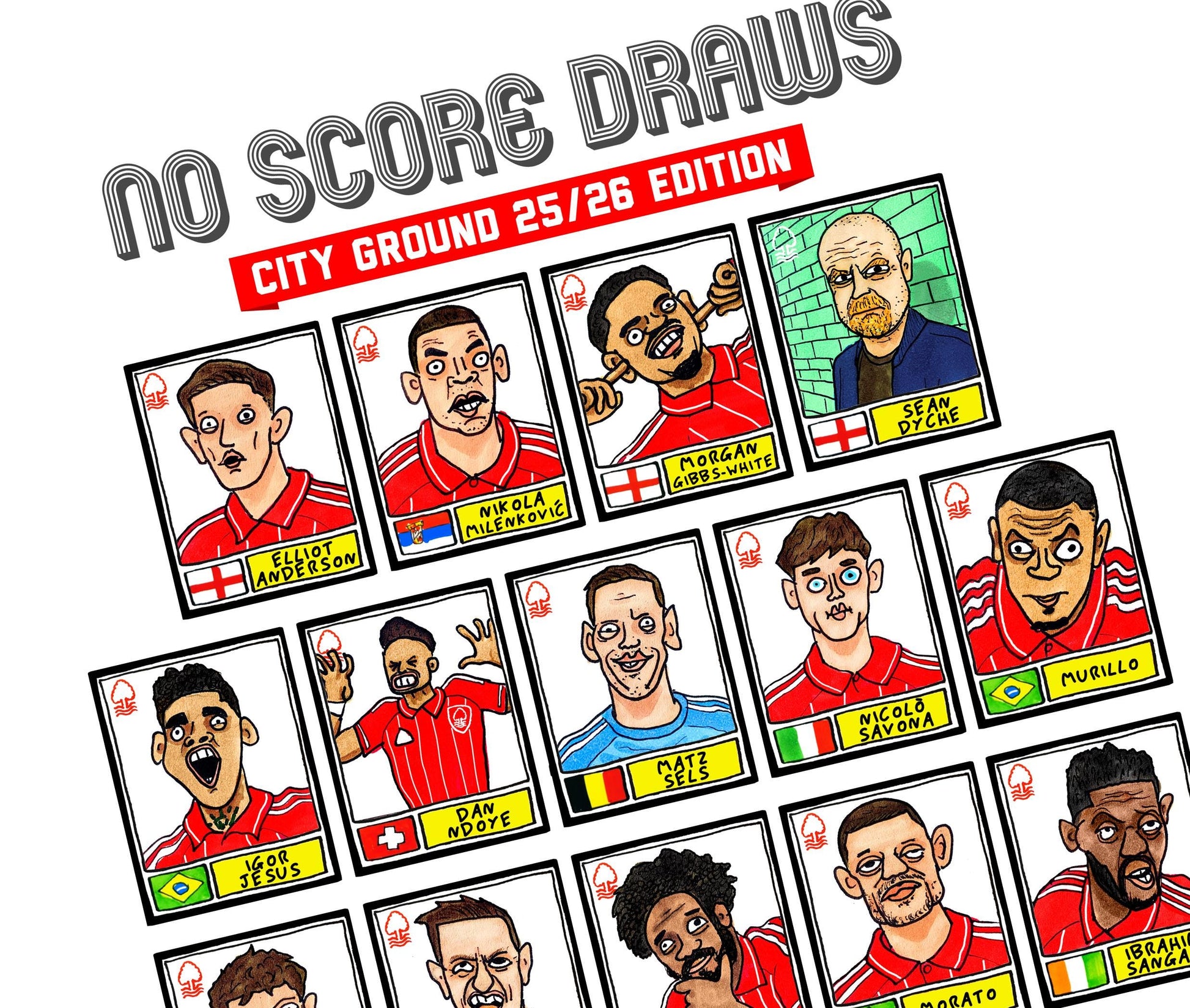 Nottingham Forest Vol 6 - No Score Draw City Ground 25/26 Edition - A3 print of 27 Wonky Hand-Drawn Panini-doodles of NFFC's 25/26 Squad