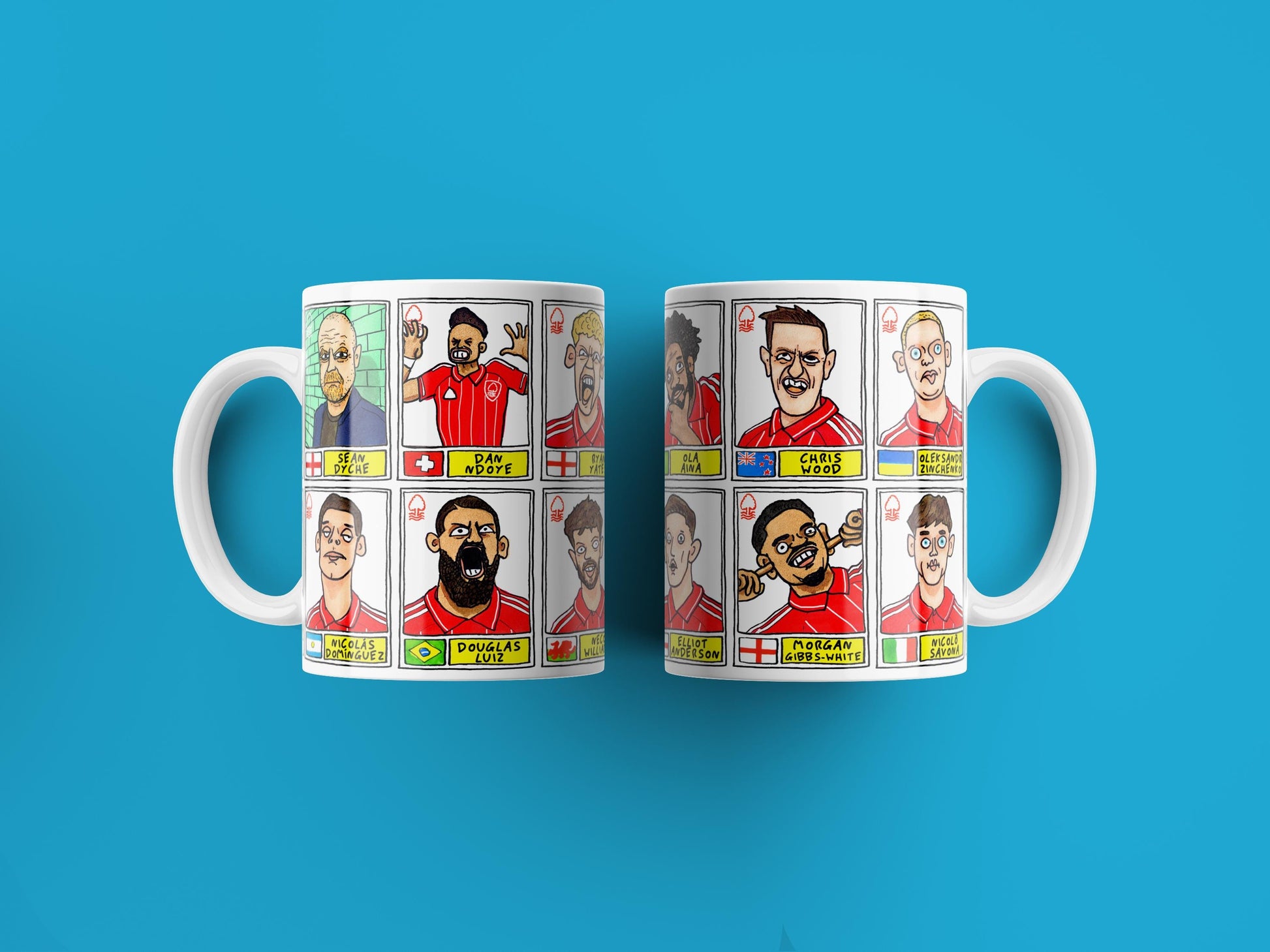 Nottingham Forest Vol 6 - NFFC 25/26 No Score Draws Mug Set - Set of TWO DIFFERENT 11oz Mugs with Wonky Panini-Doodles of Sean Dyche's Squad
