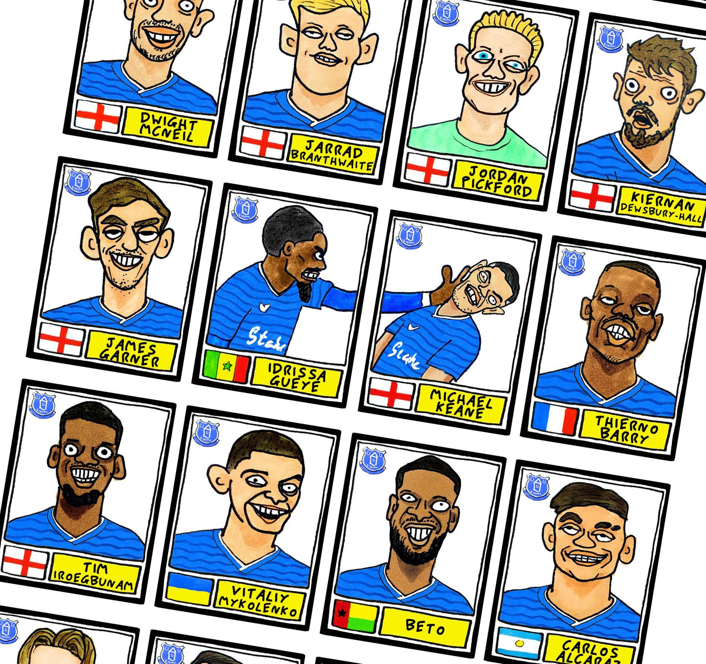 Everton 25/26 - No Score Draws Toffees 25/26 Edition - A3 print of 24 Wonky Panini-Style No Score Draws Doodles Of David Moyes's EFC Squad