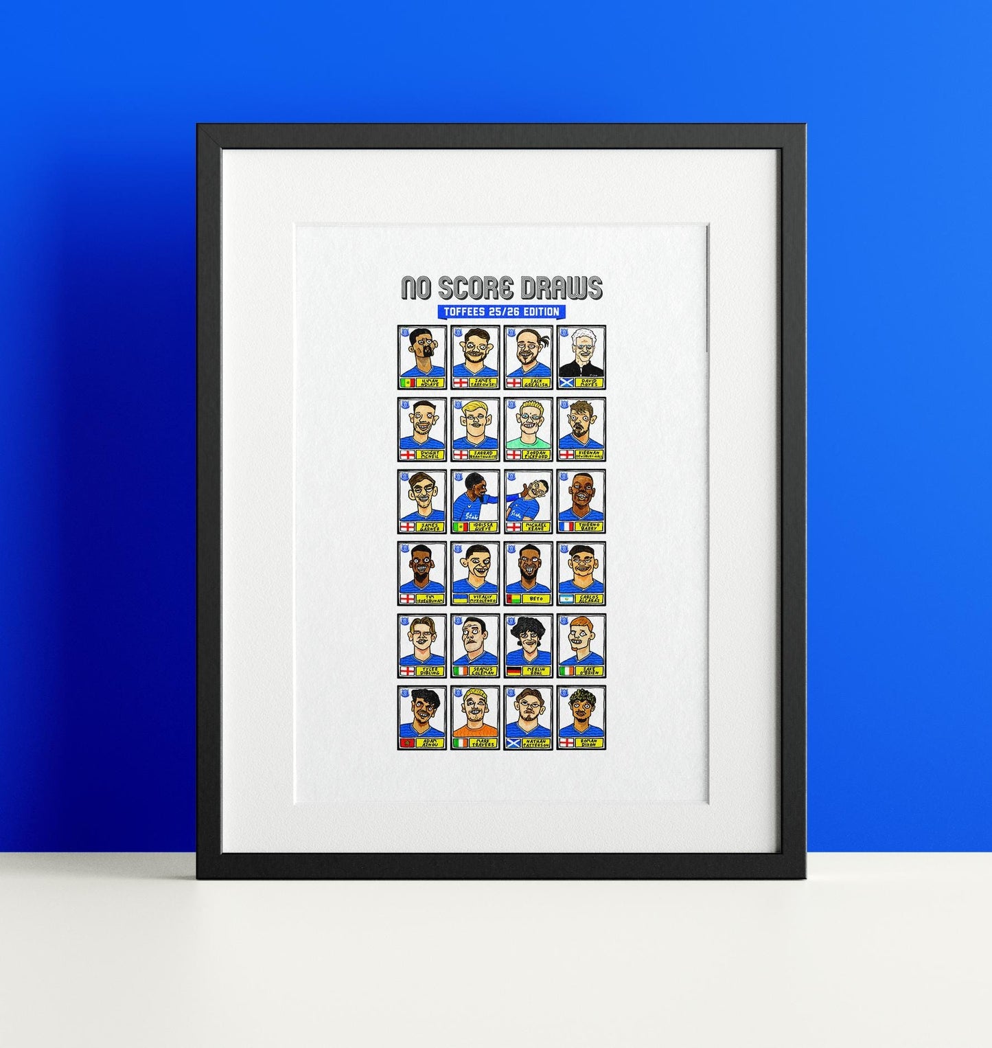 Everton 25/26 - No Score Draws Toffees 25/26 Edition - A3 print of 24 Wonky Panini-Style No Score Draws Doodles Of David Moyes's EFC Squad
