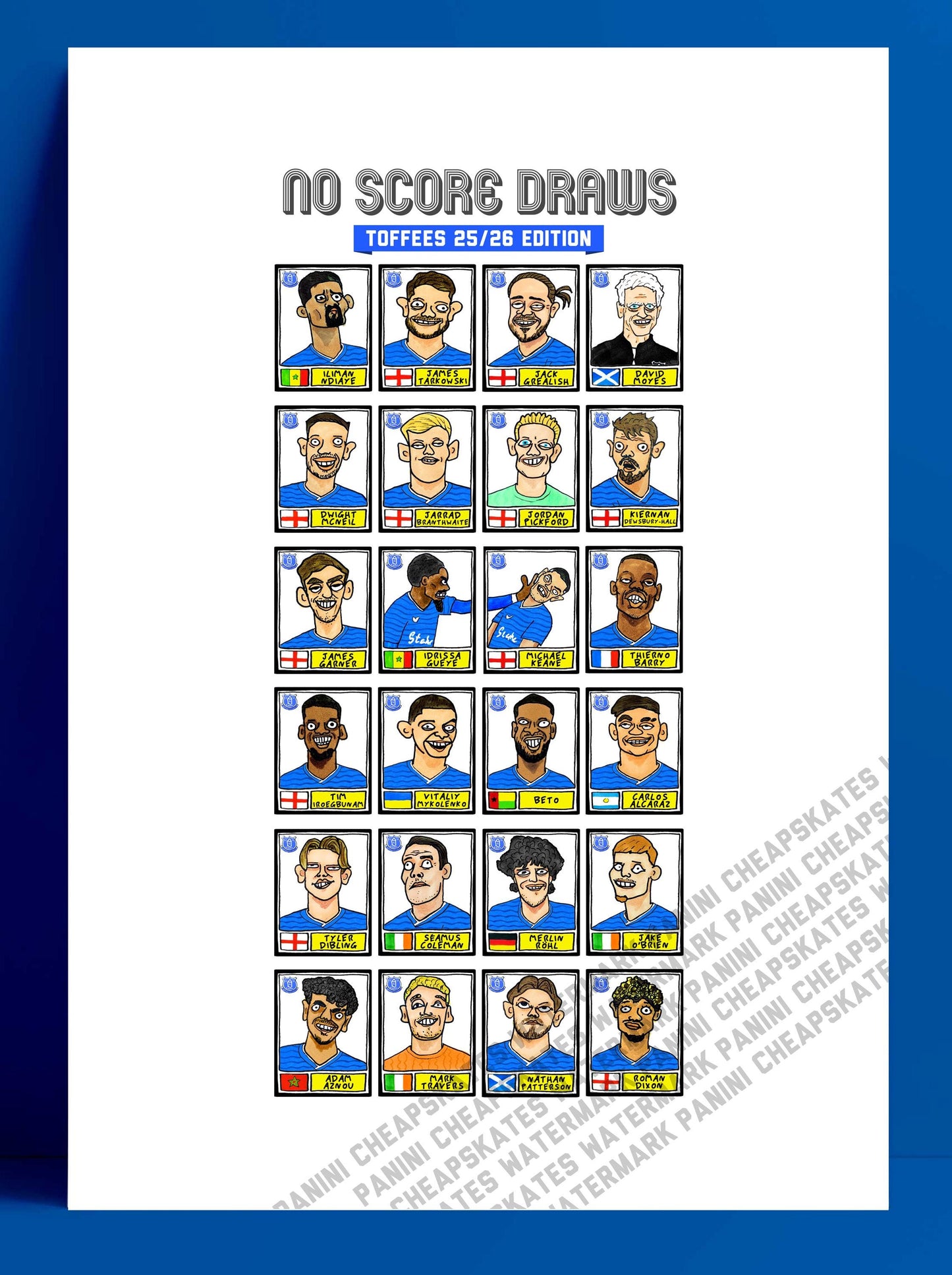Everton 25/26 - No Score Draws Toffees 25/26 Edition - A3 print of 24 Wonky Panini-Style No Score Draws Doodles Of David Moyes's EFC Squad