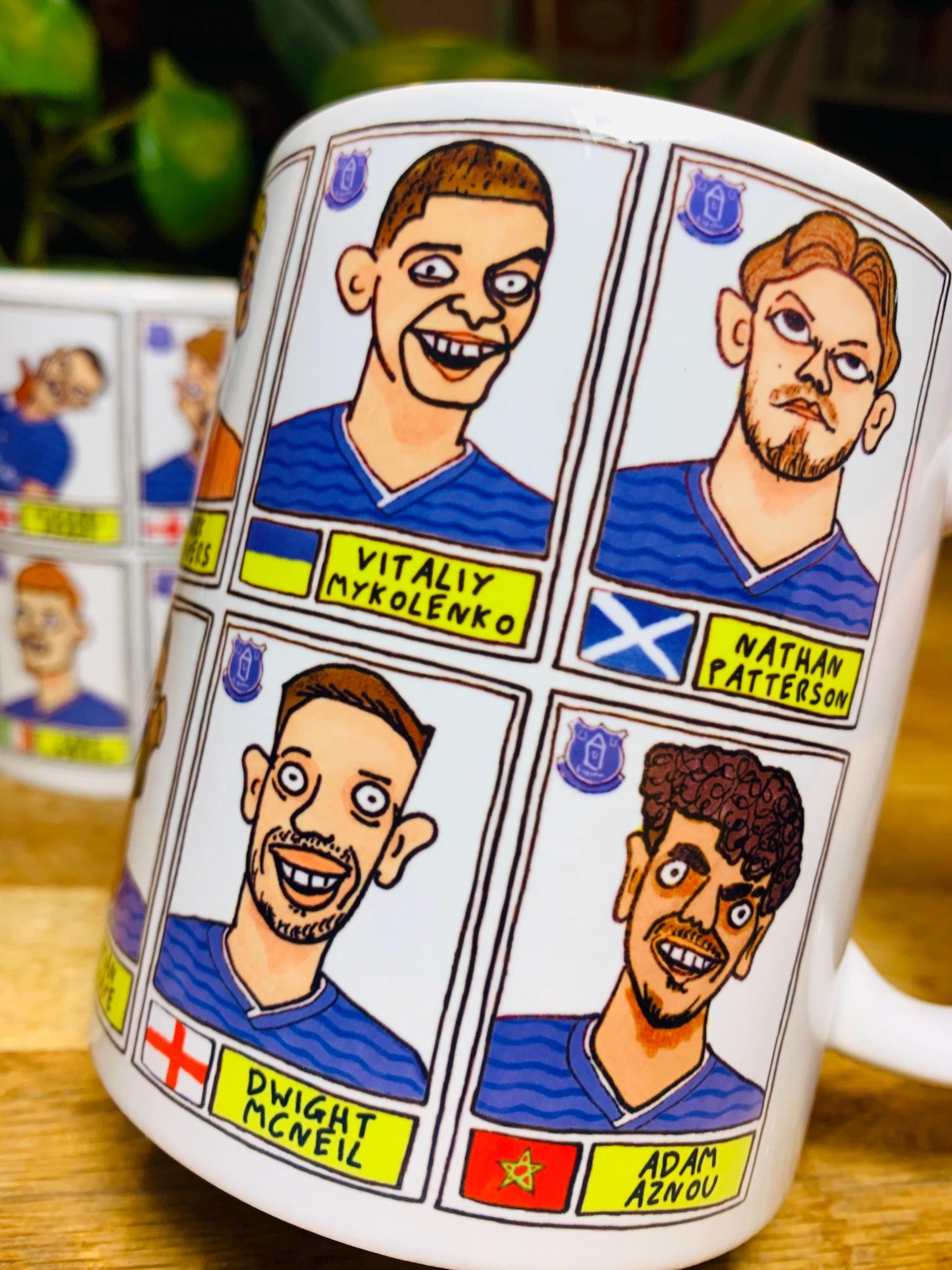 Everton 25/26 No Score Draws Mug Set - Set of TWO DIFFERENT 11oz Mugs with Wonky Panini-Doodles of David Moyes' 25/26 Toffees Everton Squad