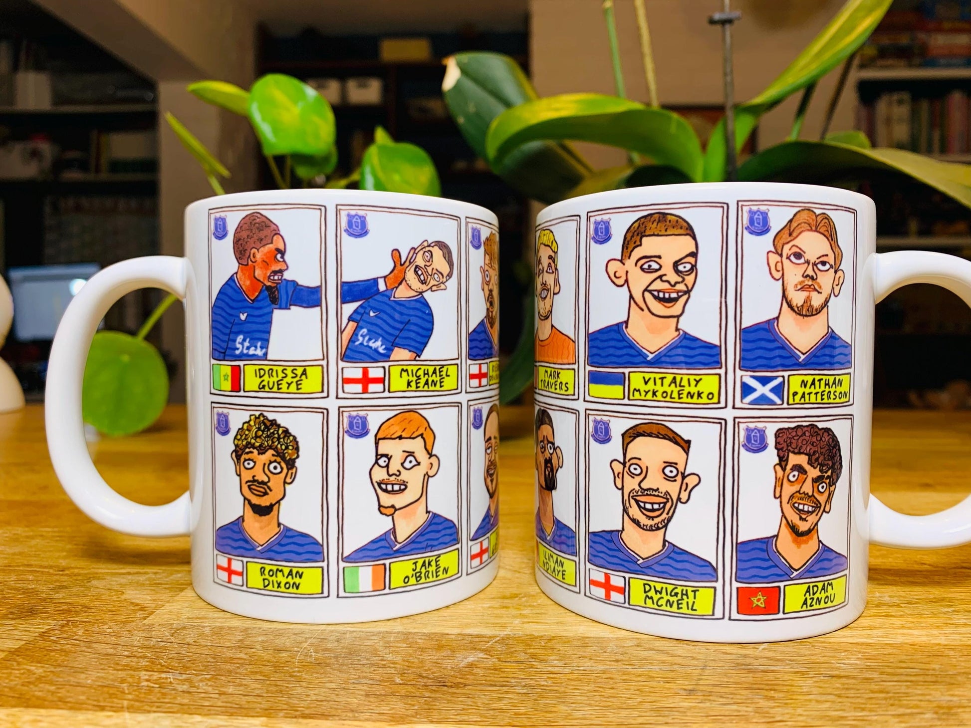 Everton 25/26 No Score Draws Mug Set - Set of TWO DIFFERENT 11oz Mugs with Wonky Panini-Doodles of David Moyes' 25/26 Toffees Everton Squad