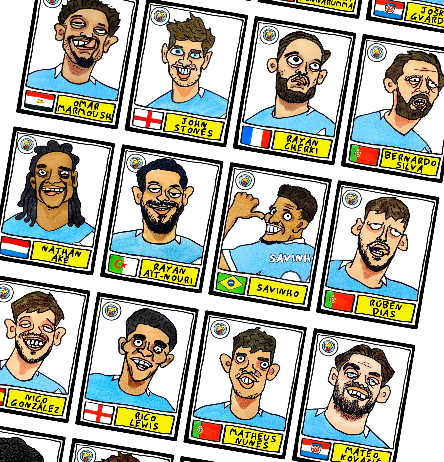 Man City 25/26 - No Score Draws Pep 25/26 Edition - A3 Print Of 24 Wonky No Score Draws Panini-style Doodles Of Guardiola's Manchester City