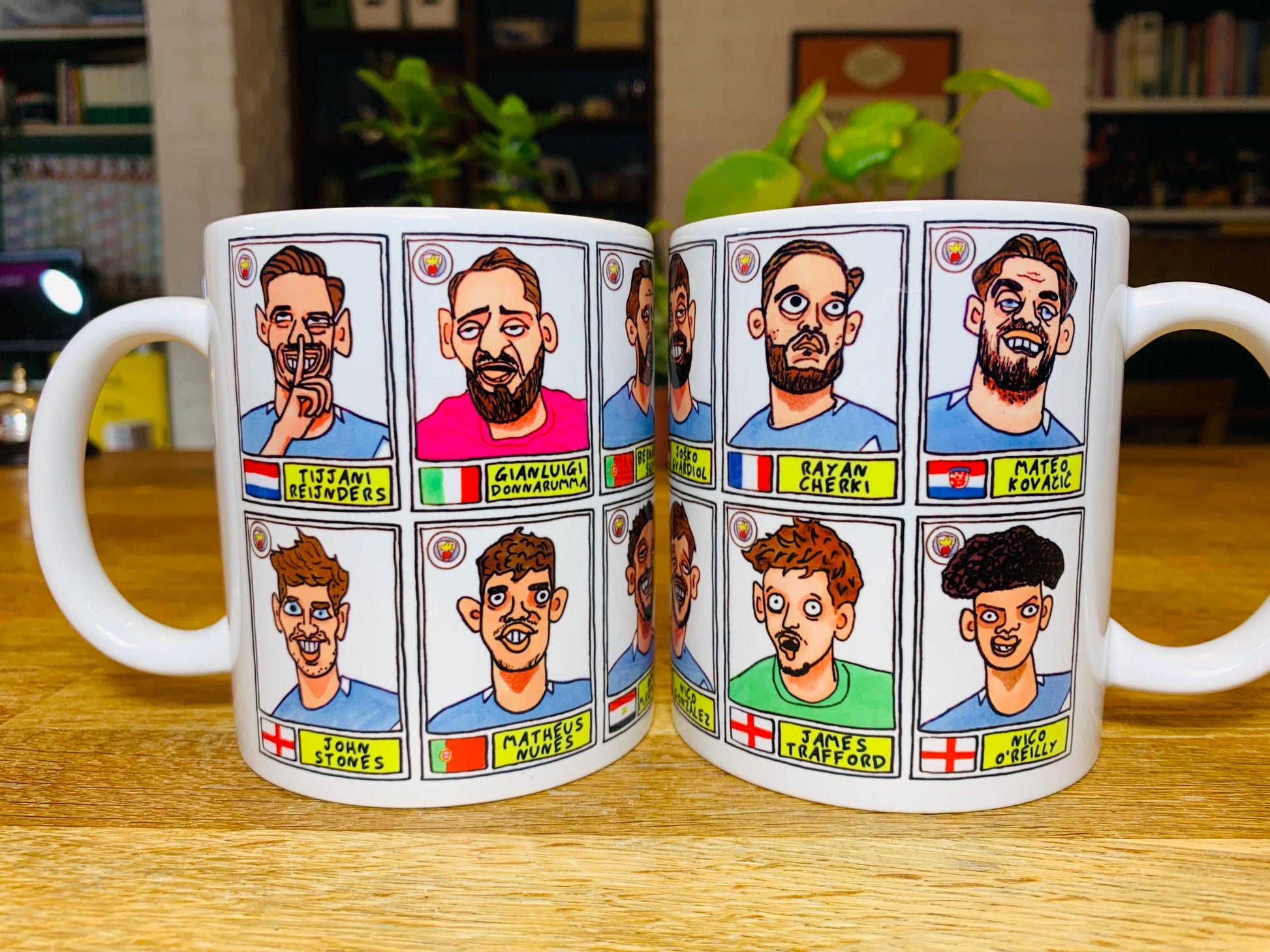 Man City 25/26 - No Score Draws Mug Set - Set of TWO DIFFERENT 11oz Ceramic Mugs with 24 Wonky MCFC Doodles Of Manchester City's 25/26 Squad