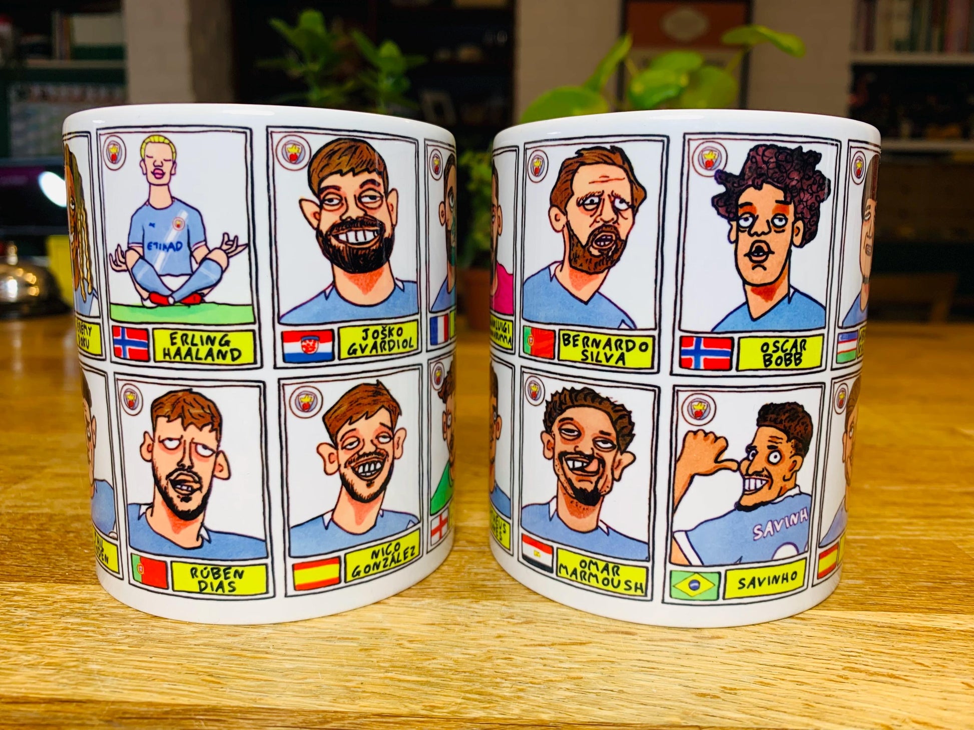 Man City 25/26 - No Score Draws Mug Set - Set of TWO DIFFERENT 11oz Ceramic Mugs with 24 Wonky MCFC Doodles Of Manchester City's 25/26 Squad