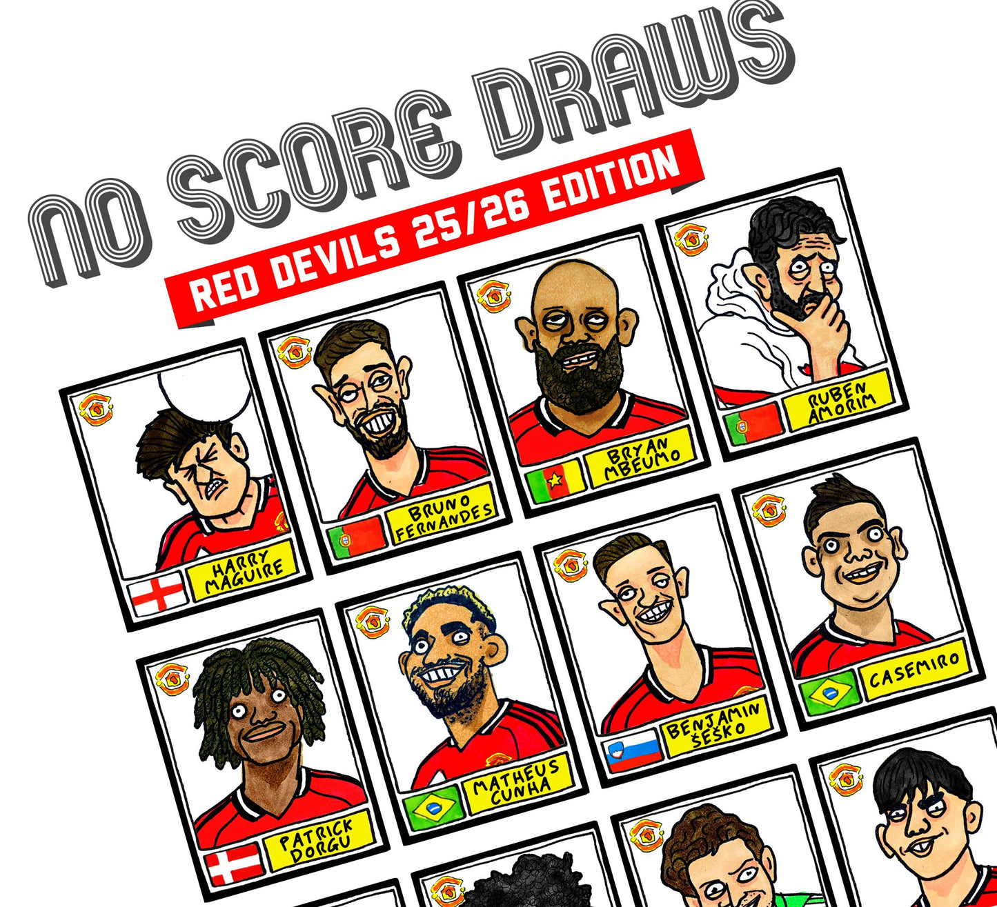 Man Utd 25/26 - No Score Draws Red Devils 25/26 Edition - A3 Print Of 24 Wonky No Score Draws Panini-Doodles Of Amorim's Manchester United