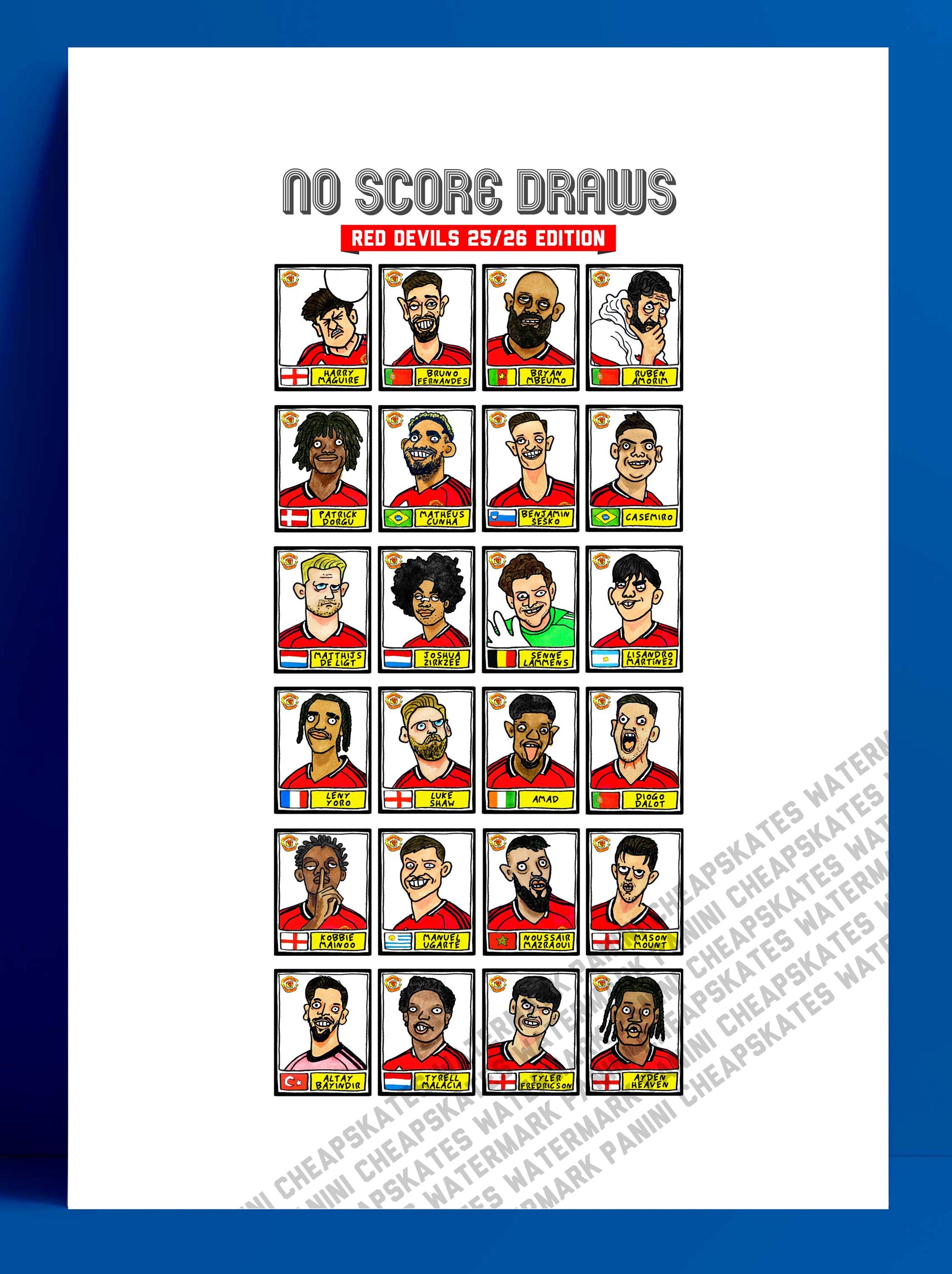 Man Utd 25/26 - No Score Draws Red Devils 25/26 Edition - A3 Print Of 24 Wonky No Score Draws Panini-Doodles Of Amorim's Manchester United