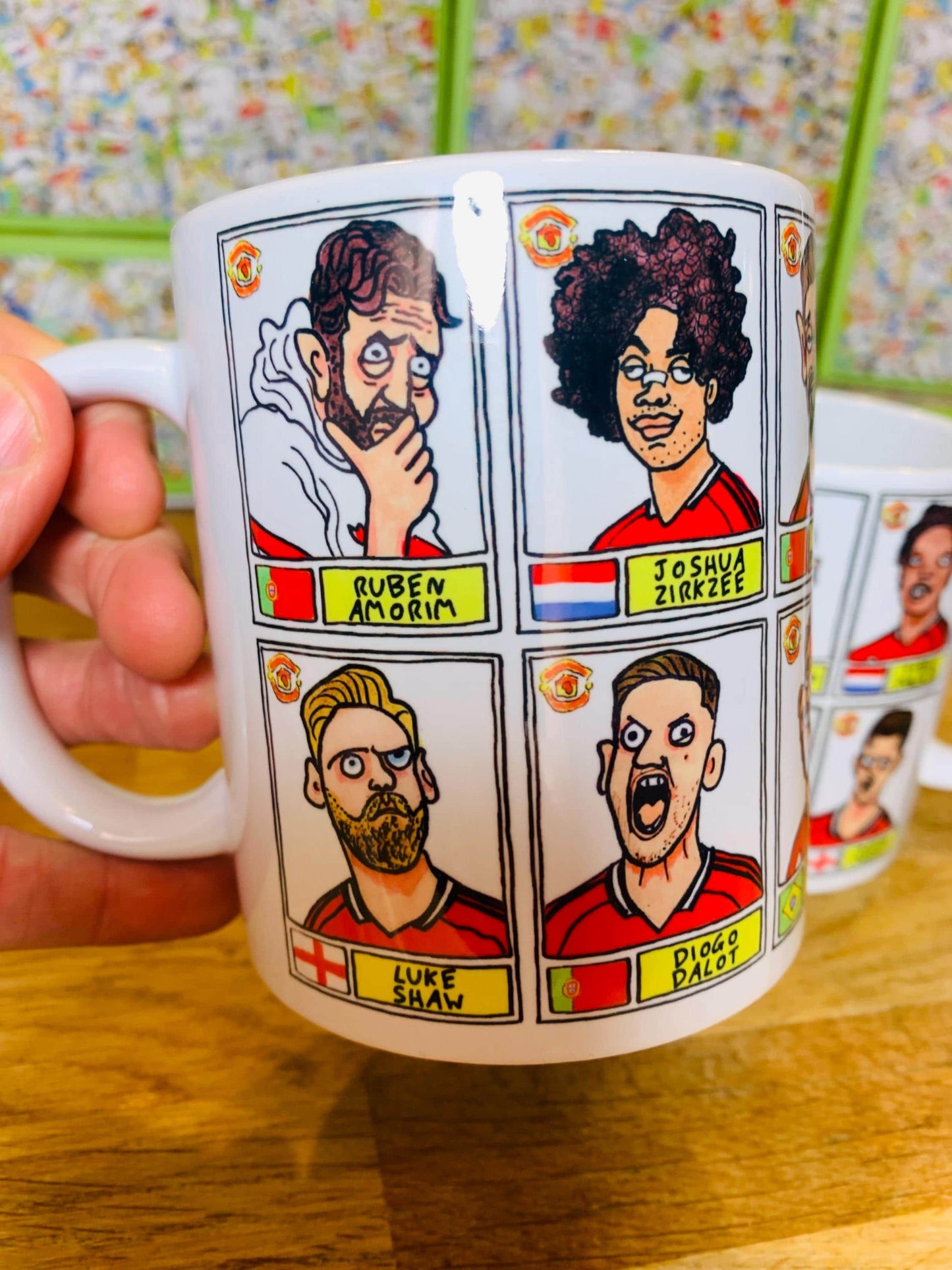 Man Utd 25/26 No Score Draws Mug Set - Set of TWO DIFFERENT 11oz Ceramic Mugs with Wonky Panini-style MUFC Doodles Of Manchester United