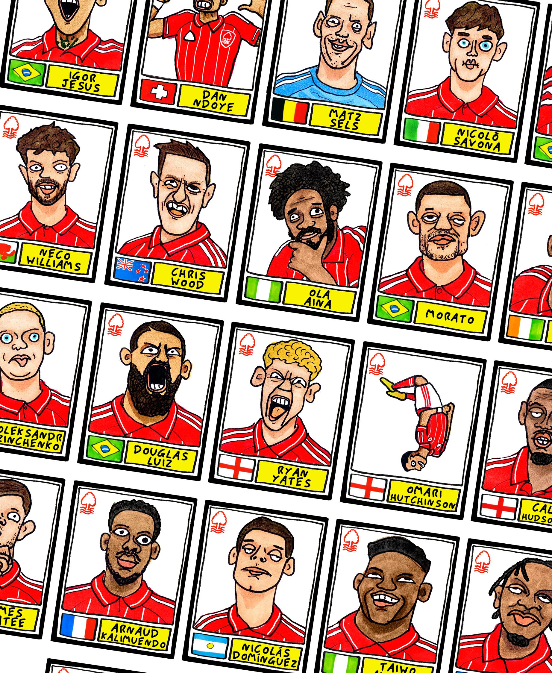 Nottingham Forest Vol 6 - No Score Draw City Ground 25/26 Edition - A3 print of 27 Wonky Hand-Drawn Panini-doodles of NFFC's 25/26 Squad
