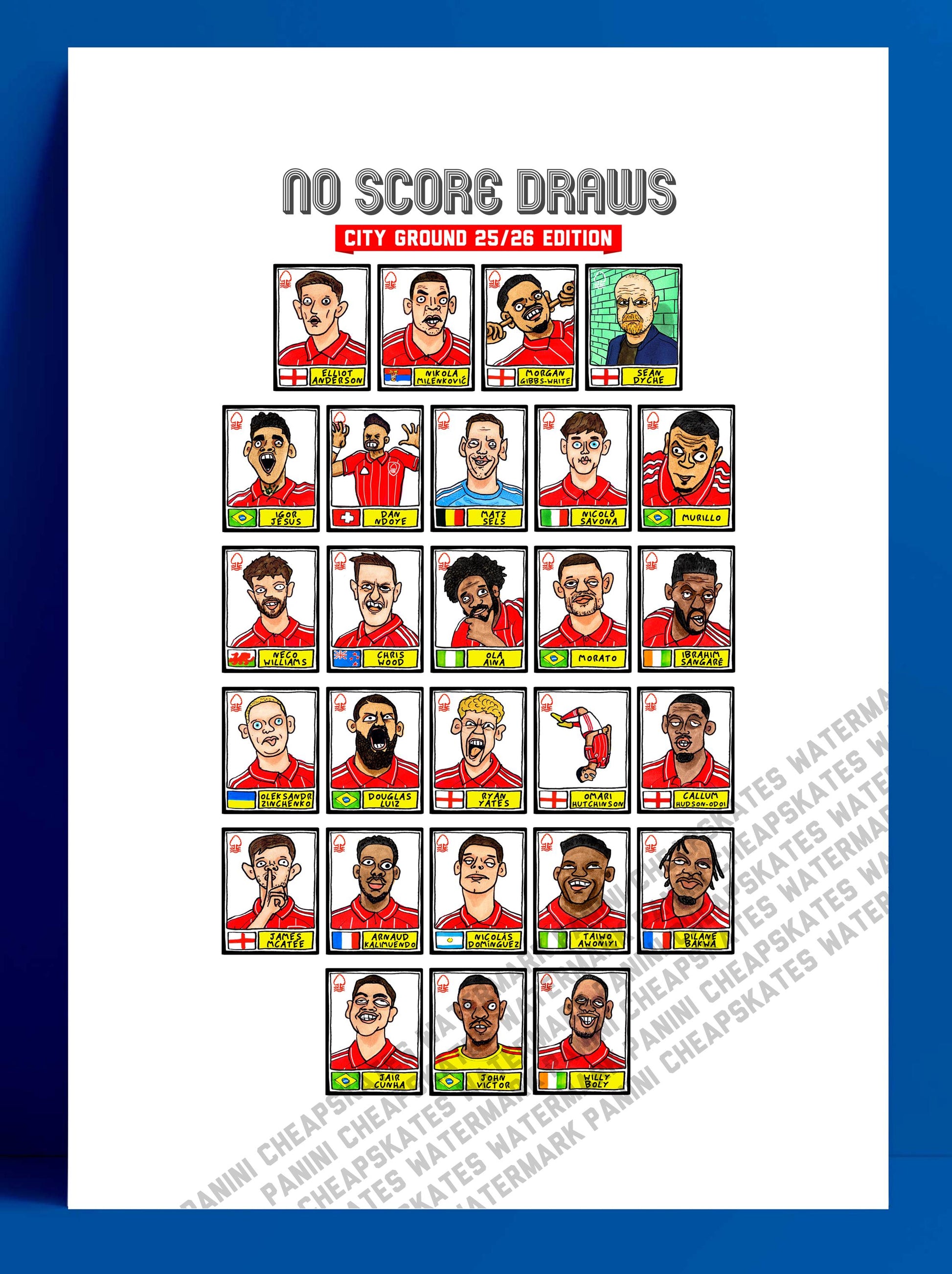 Nottingham Forest Vol 6 - No Score Draw City Ground 25/26 Edition - A3 print of 27 Wonky Hand-Drawn Panini-doodles of NFFC's 25/26 Squad
