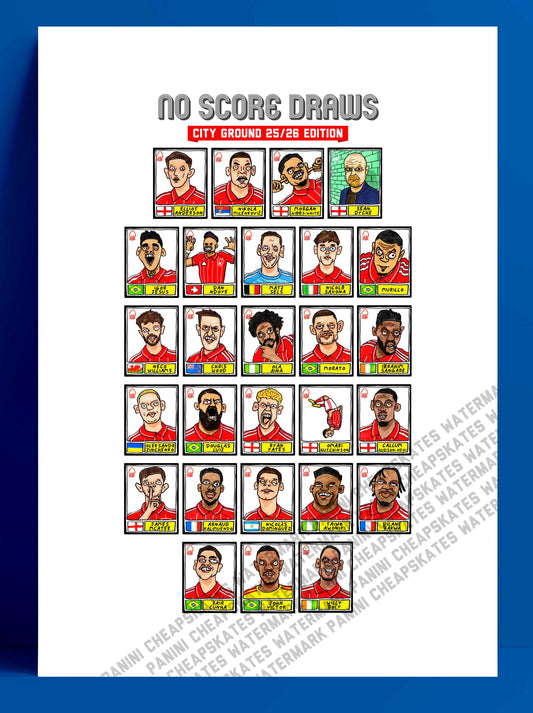 Nottingham Forest Vol 6 - No Score Draw City Ground 25/26 Edition - A3 print of 27 Wonky Hand-Drawn Panini-doodles of NFFC's 25/26 Squad