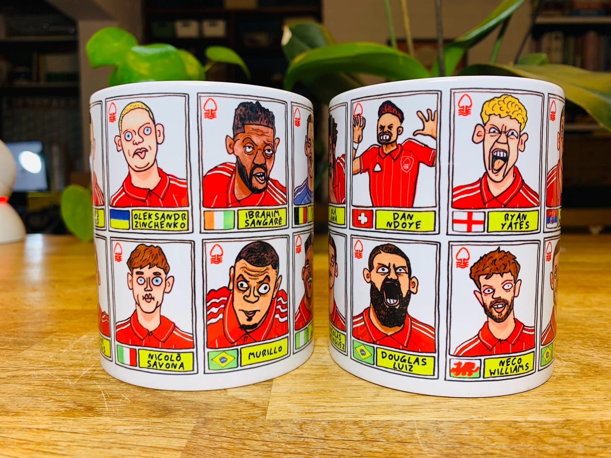 Nottingham Forest Vol 6 - NFFC 25/26 No Score Draws Mug Set - Set of TWO DIFFERENT 11oz Mugs with Wonky Panini-Doodles of Sean Dyche's Squad
