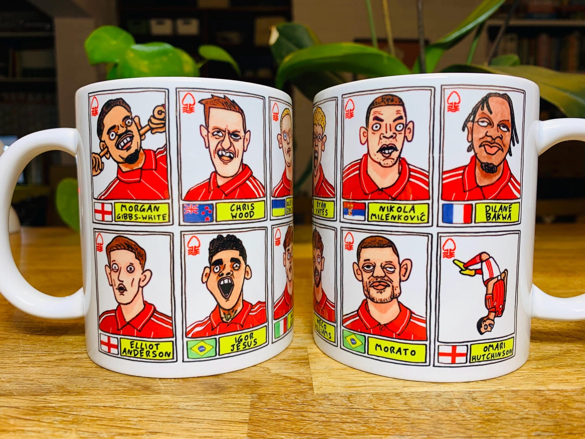 Nottingham Forest Vol 6 - NFFC 25/26 No Score Draws Mug Set - Set of TWO DIFFERENT 11oz Mugs with Wonky Panini-Doodles of Sean Dyche's Squad