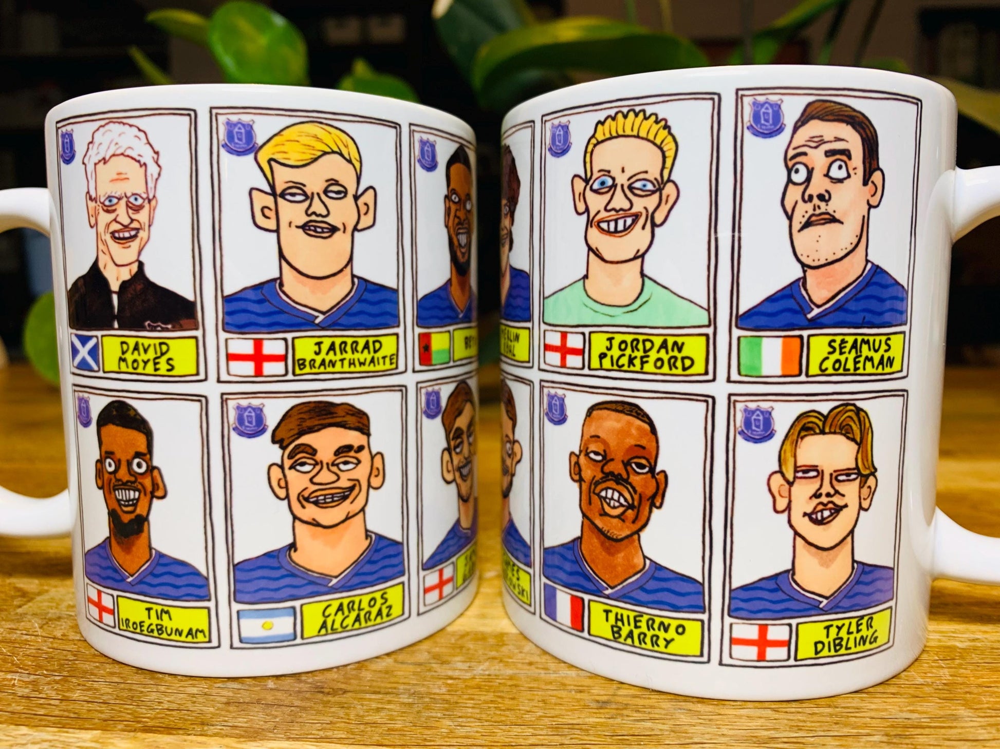 Everton 25/26 No Score Draws Mug Set - Set of TWO DIFFERENT 11oz Mugs with Wonky Panini-Doodles of David Moyes' 25/26 Toffees Everton Squad