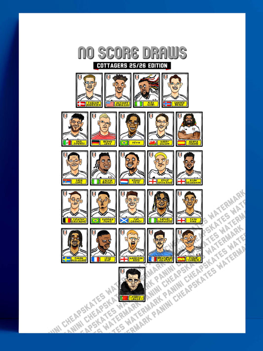 Fulham Vol 3 - No Score Draws Cottagers 24/25 Edition - A3 print of 24 Wonky Panini-Style No Score Draws Doodles Of Marco Silva's FFC Squad