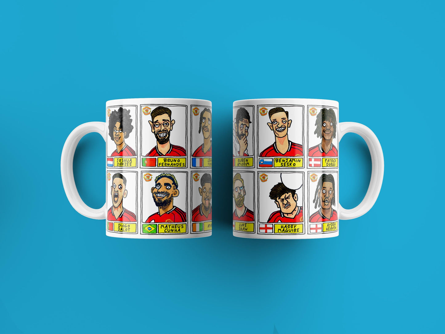 Man Utd 25/26 No Score Draws Mug Set - Set of TWO DIFFERENT 11oz Ceramic Mugs with Wonky Panini-style MUFC Doodles Of Manchester United