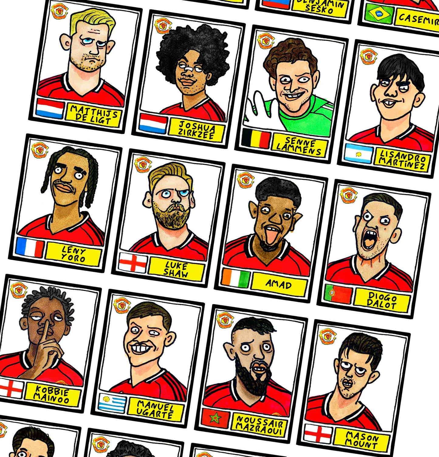 Man Utd 25/26 - No Score Draws Red Devils 25/26 Edition - A3 Print Of 24 Wonky No Score Draws Panini-Doodles Of Amorim's Manchester United
