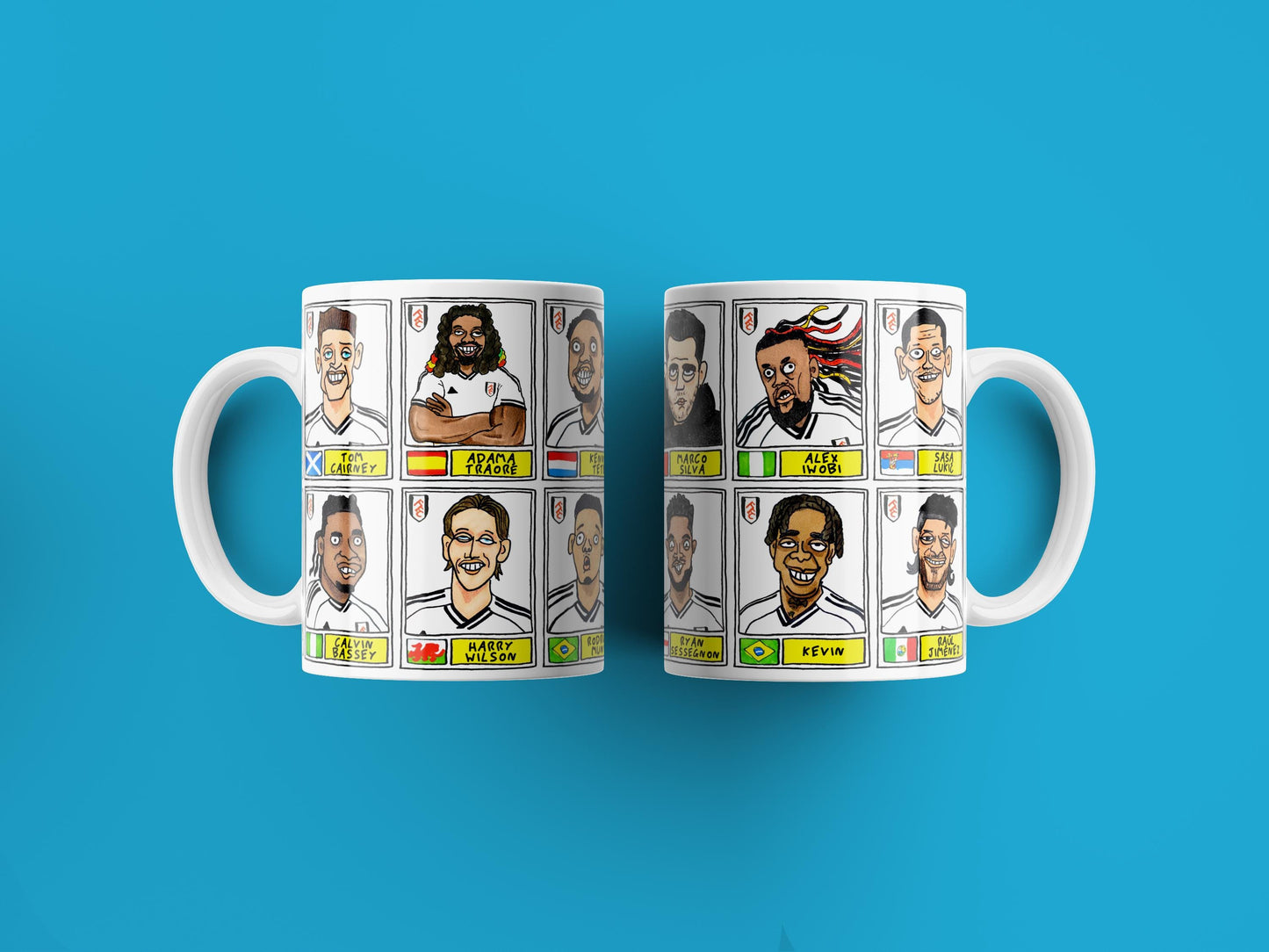 Fulham Vol 3 No Score Draws Mug Set - Set of TWO DIFFERENT 11oz Mugs with Wonky Panini-Doodles of Marco Silva's 24/25 Cottagers EPL Squad