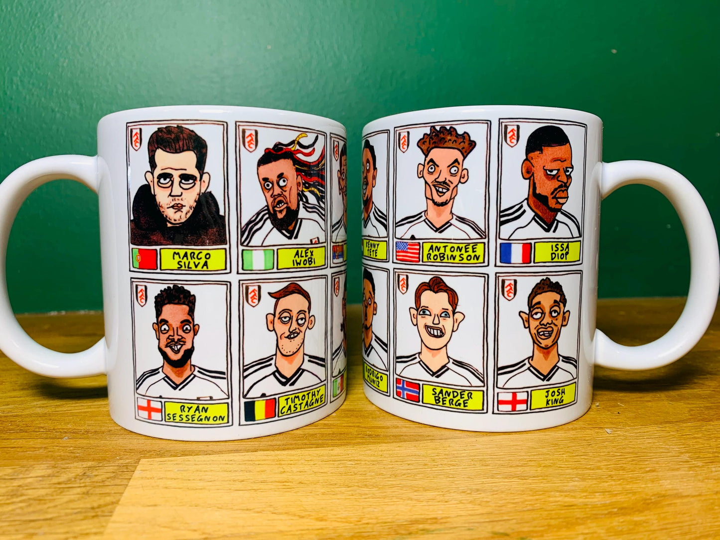 Fulham Vol 3 No Score Draws Mug Set - Set of TWO DIFFERENT 11oz Mugs with Wonky Panini-Doodles of Marco Silva's 24/25 Cottagers EPL Squad
