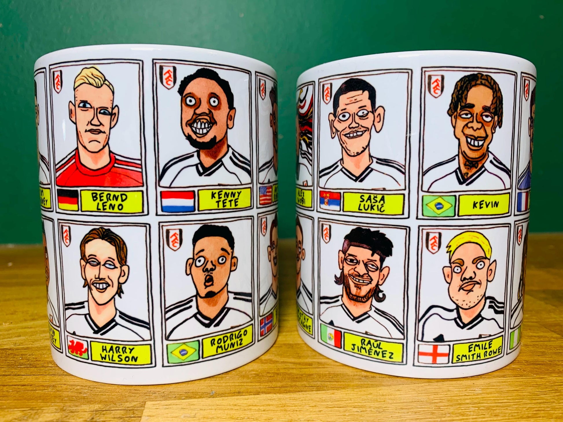 Fulham Vol 3 No Score Draws Mug Set - Set of TWO DIFFERENT 11oz Mugs with Wonky Panini-Doodles of Marco Silva's 24/25 Cottagers EPL Squad