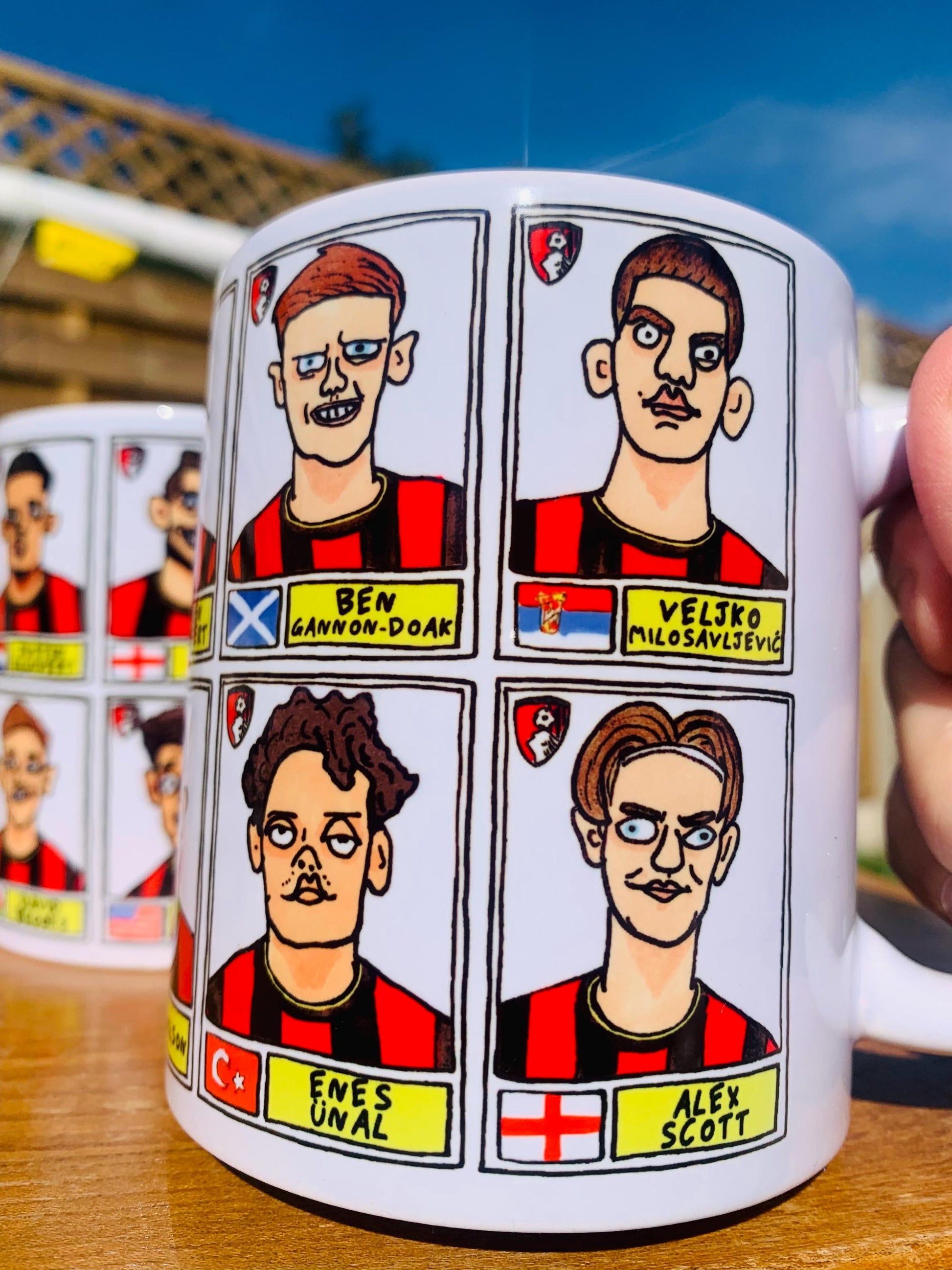 Bournemouth 25/26 - No Score Draws Mug Set - Set of TWO DIFFERENT 11oz Ceramic Mugs with Wonky Panini-style AFCB Cherries Doodles