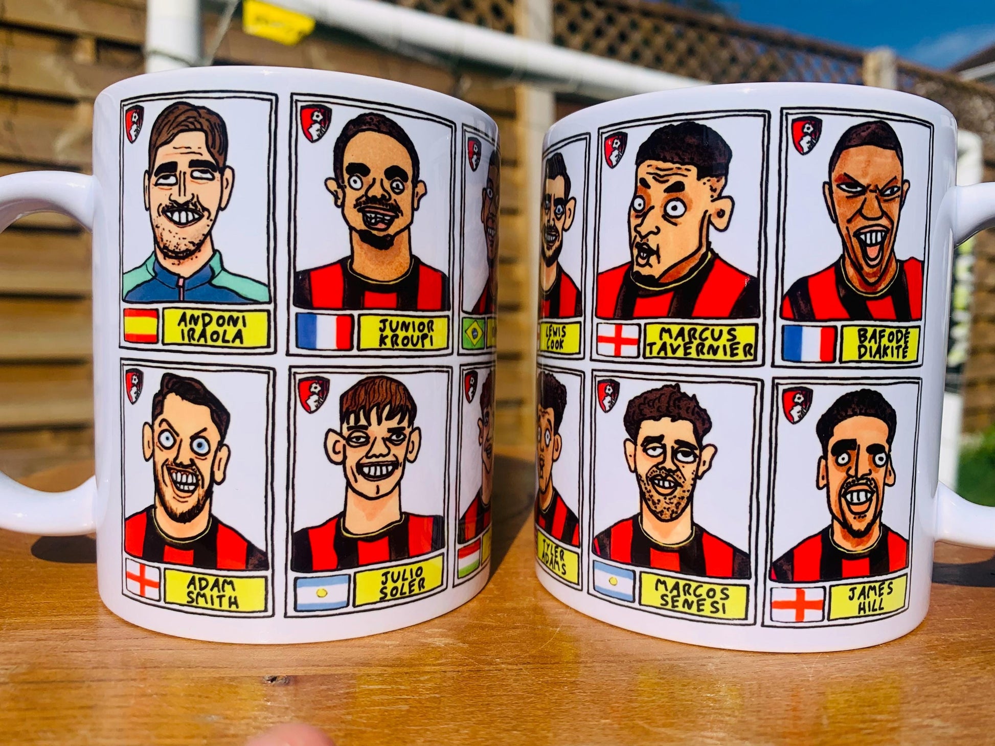 Bournemouth 25/26 - No Score Draws Mug Set - Set of TWO DIFFERENT 11oz Ceramic Mugs with Wonky Panini-style AFCB Cherries Doodles