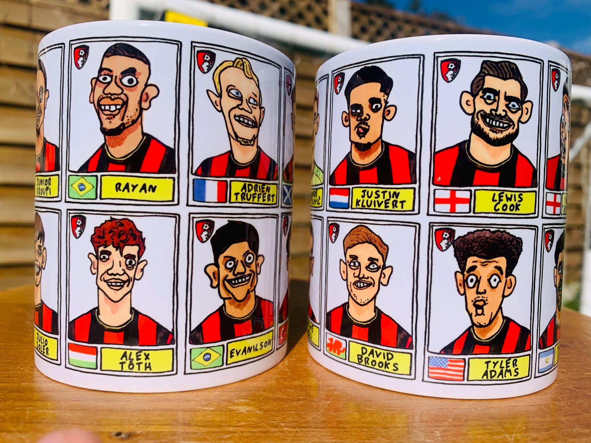 Bournemouth 25/26 - No Score Draws Mug Set - Set of TWO DIFFERENT 11oz Ceramic Mugs with Wonky Panini-style AFCB Cherries Doodles