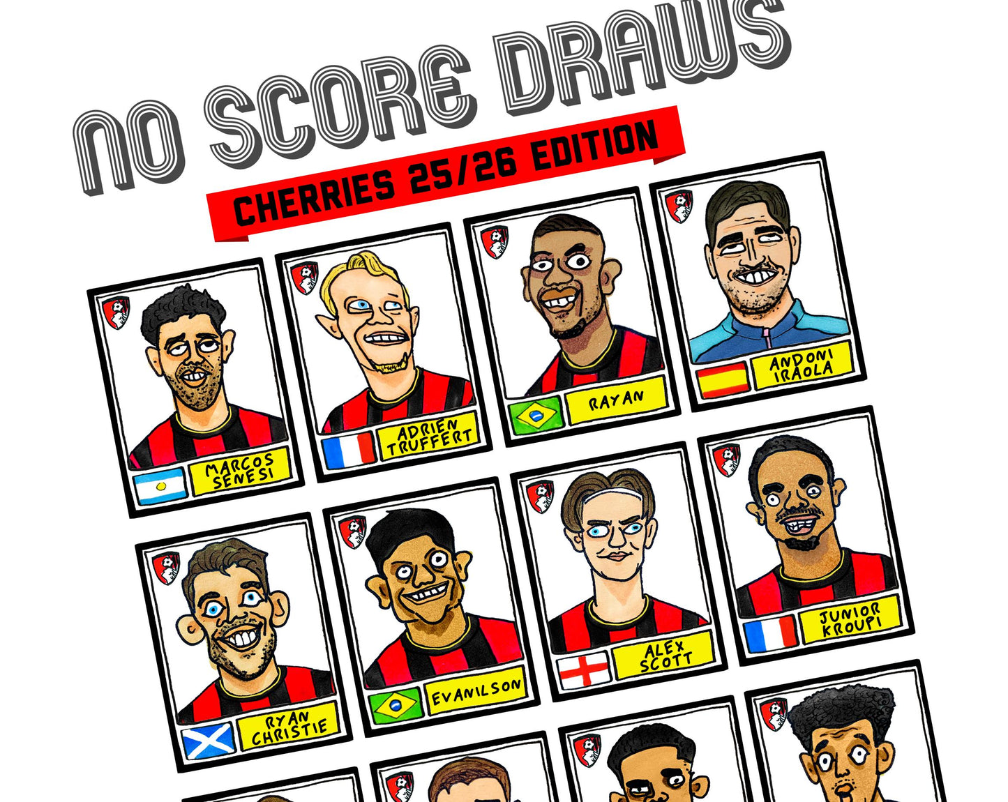 Bournemouth 25/26 - No Score Draws Cherries 25/26 Edition - A3 print of 24 Wonky Panini-style football doodles of Iraola's AFCB Side