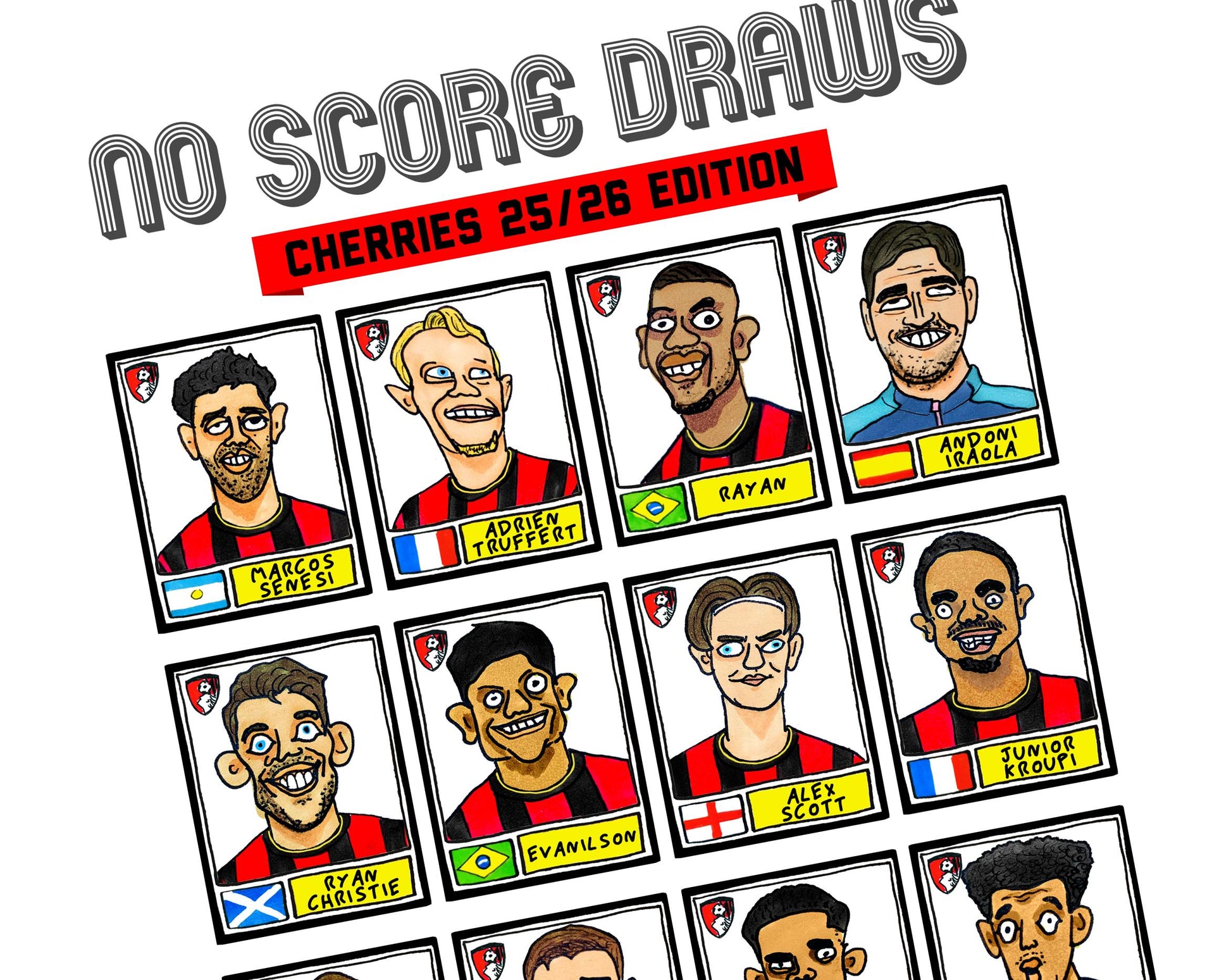 Bournemouth 25/26 - No Score Draws Cherries 25/26 Edition - A3 print of 24 Wonky Panini-style football doodles of Iraola's AFCB Side